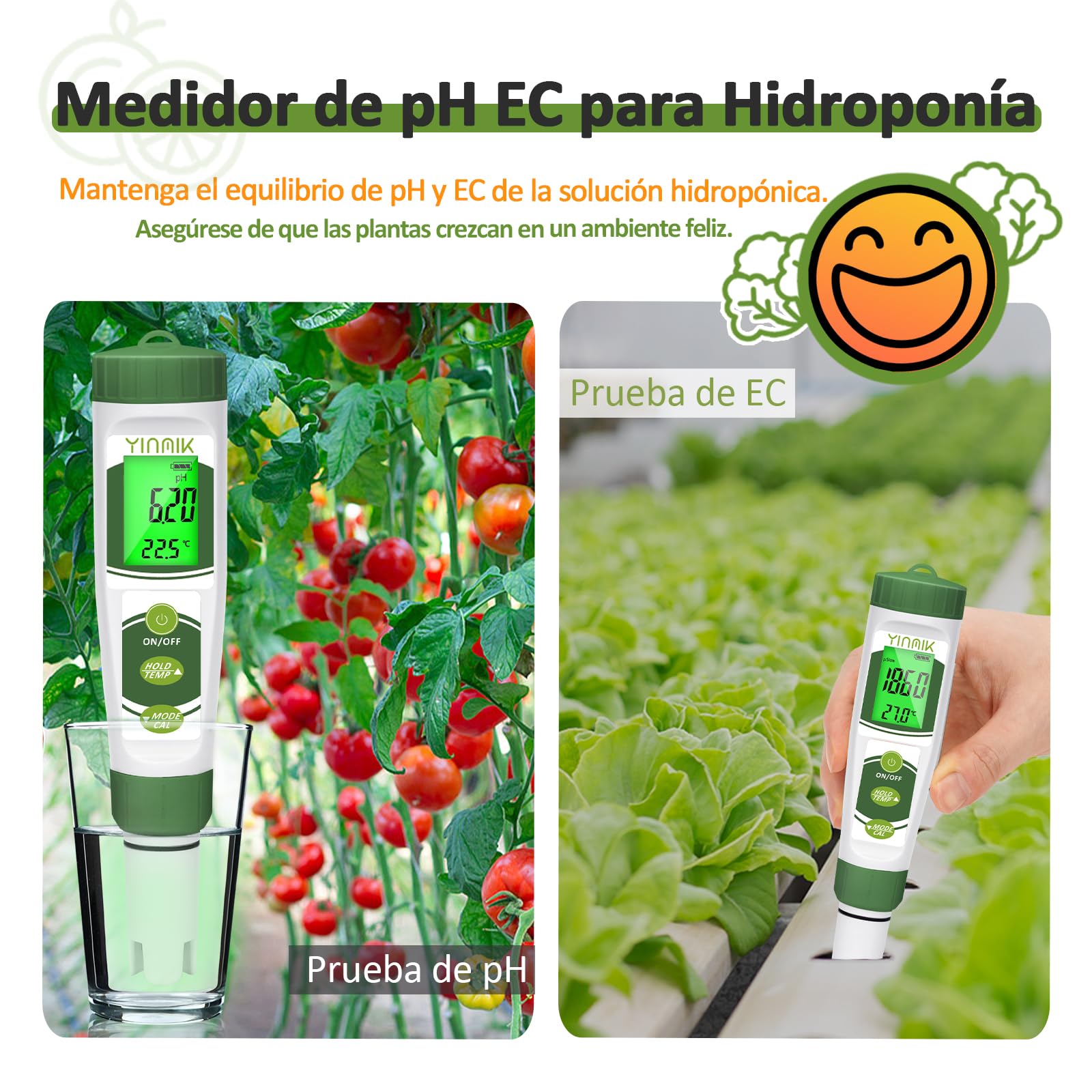 Medidor de pH, Medidor EC para Cultivo y Hidroponía, YINMIK Medidor de TDS para Nutrientes, Medir pH PPM Conductividad de Hidropónico, Medidor de pH TDS EC Temperatura para Agua, Acuario, Piscina