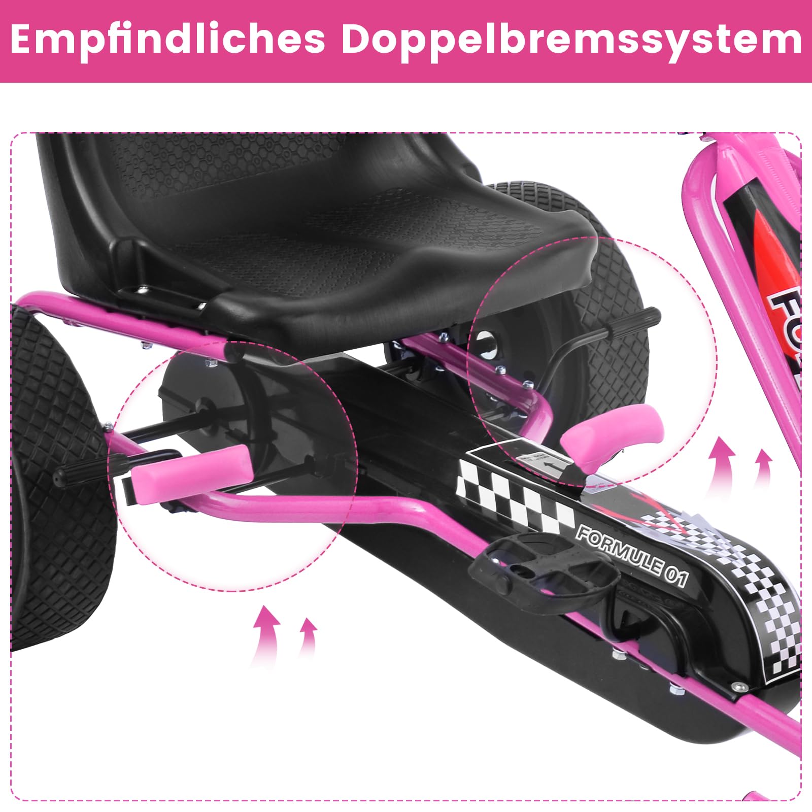 COSTWAY Gokart mit Handbremse und verstellbarem Sitz, Tretauto mit Vor- und Rückwärtsgang, Go Cart für Kinder ab 3 Jahren, Pedal Gokart Tretfahrzeug Pedalfahrzeug Kinderfahrzeug 98x59x61cm (rosa)