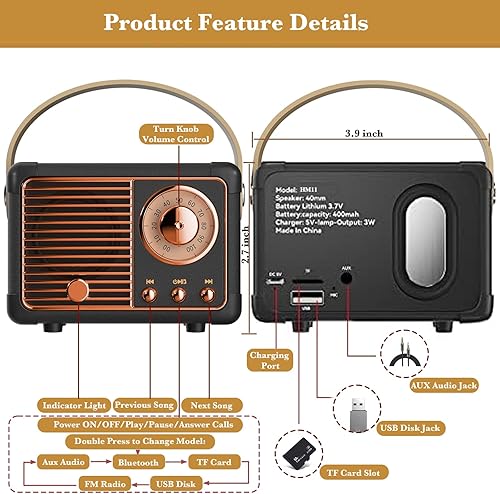 Miniatura 8 de Altavoz Bluetooth retro, mini altavoces portátiles inalámbricos compatibles con tarjeta USBTFAUX, altavoz Bluetooth de radio vintage para cocina,