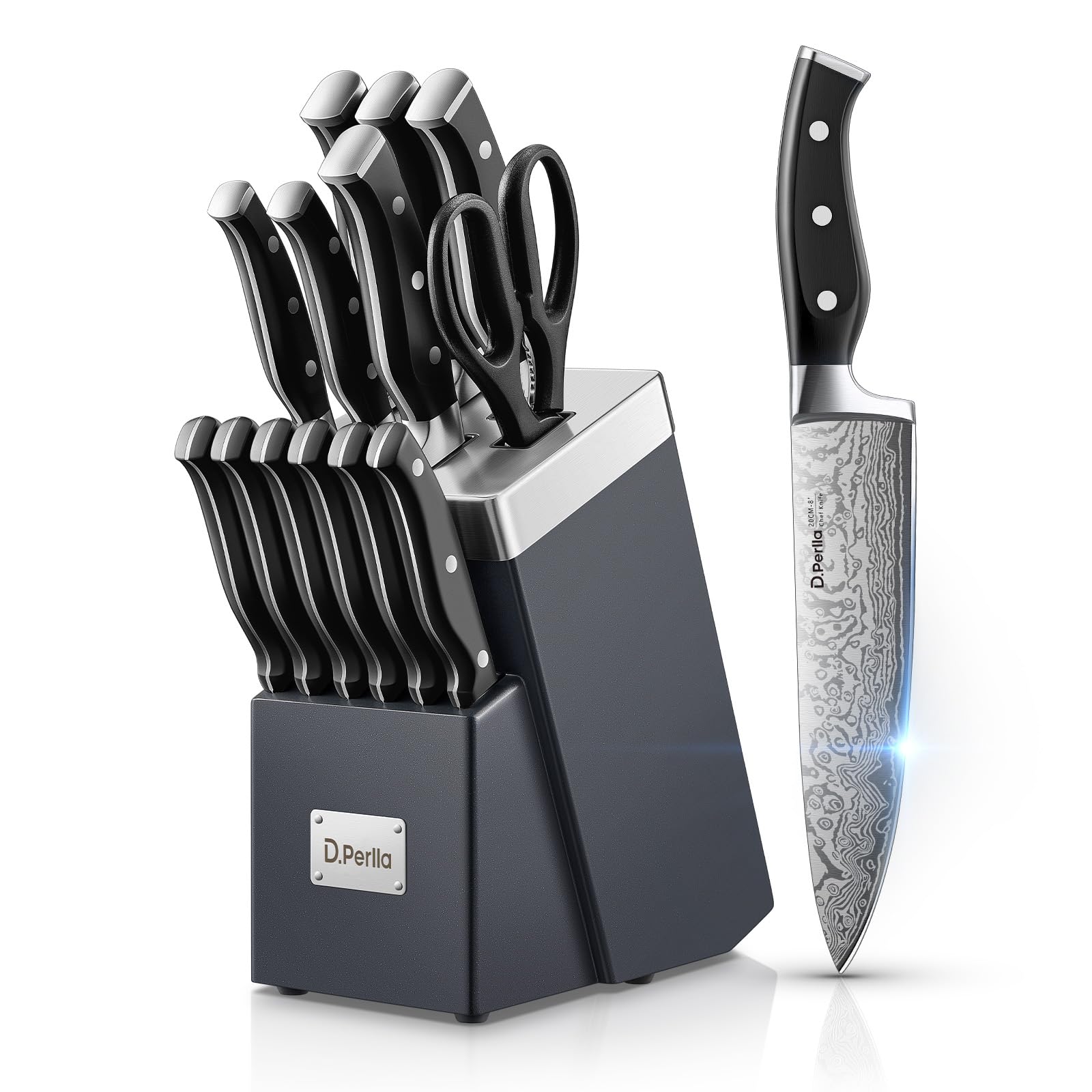 Knife Set D Perlla Kitchen Knife Set with Advanced Self-Sharpening Technology 14 Piece Waved Texture Knife Set with