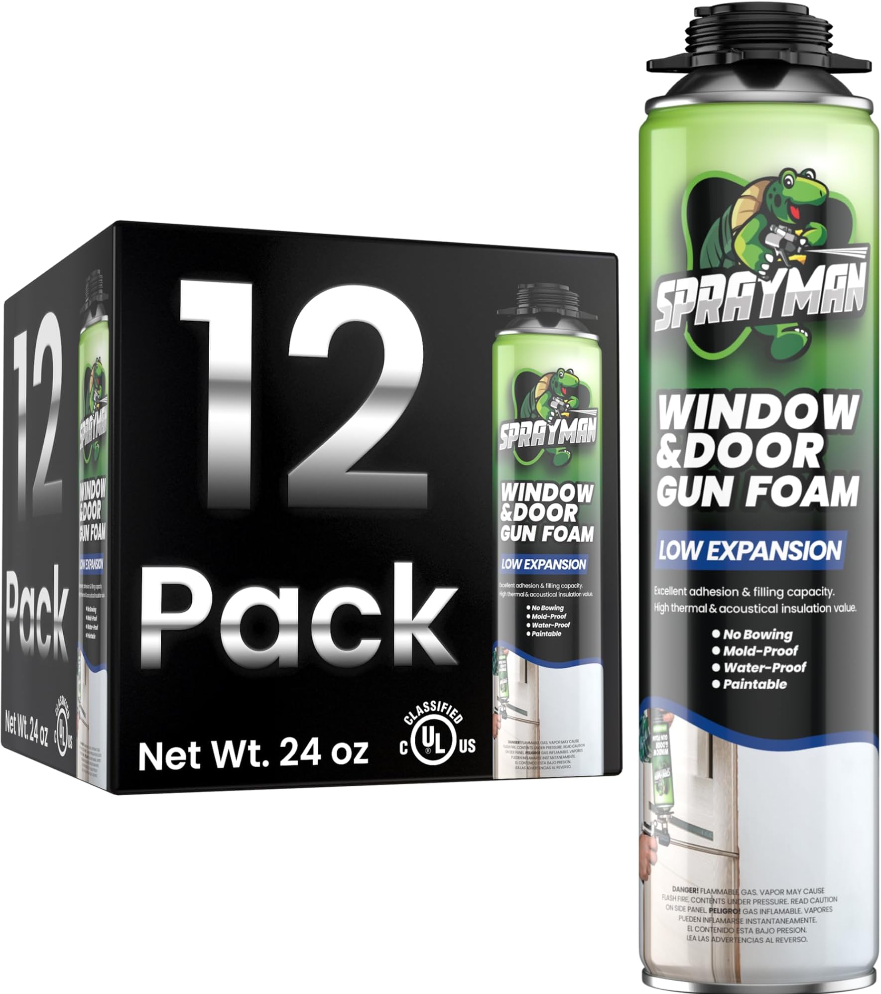 - Sprayman Window & Door Expanding Spray Foam - (12x24oz) Low Expansion Polyurethane Spray Foam for Doors, Windows & Walls, Gun Use & Reuseable, Gun&Cleaner NOT Included - 12 Pack