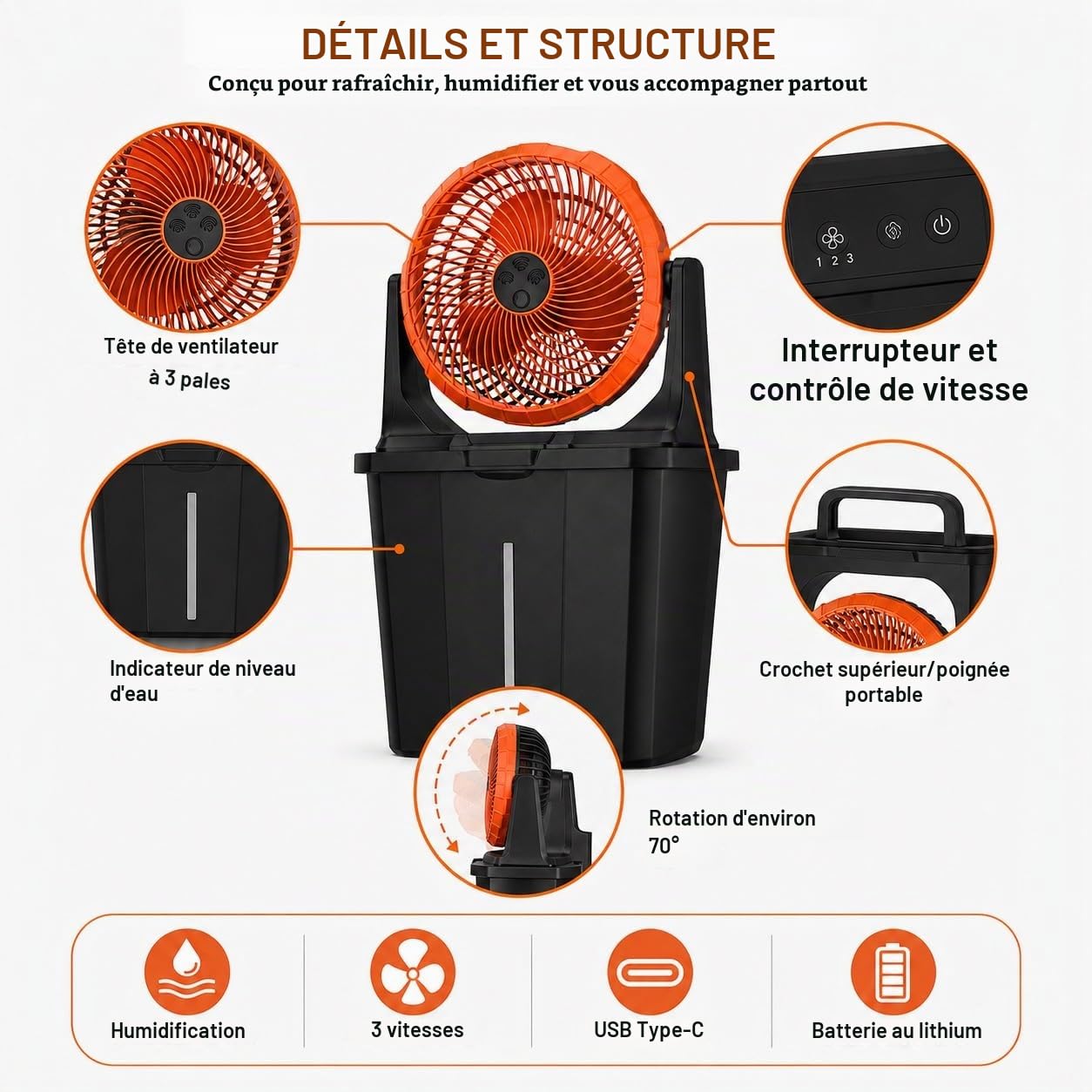 Ventilateur brumisateur rechargeable 10 W, réservoir de 9 L, 3 vitesses et 3 niveaux de brumisation, batterie rechargeable 16 000 mAh, USB-C, idéal pour la terrasse, le camping et la maison.