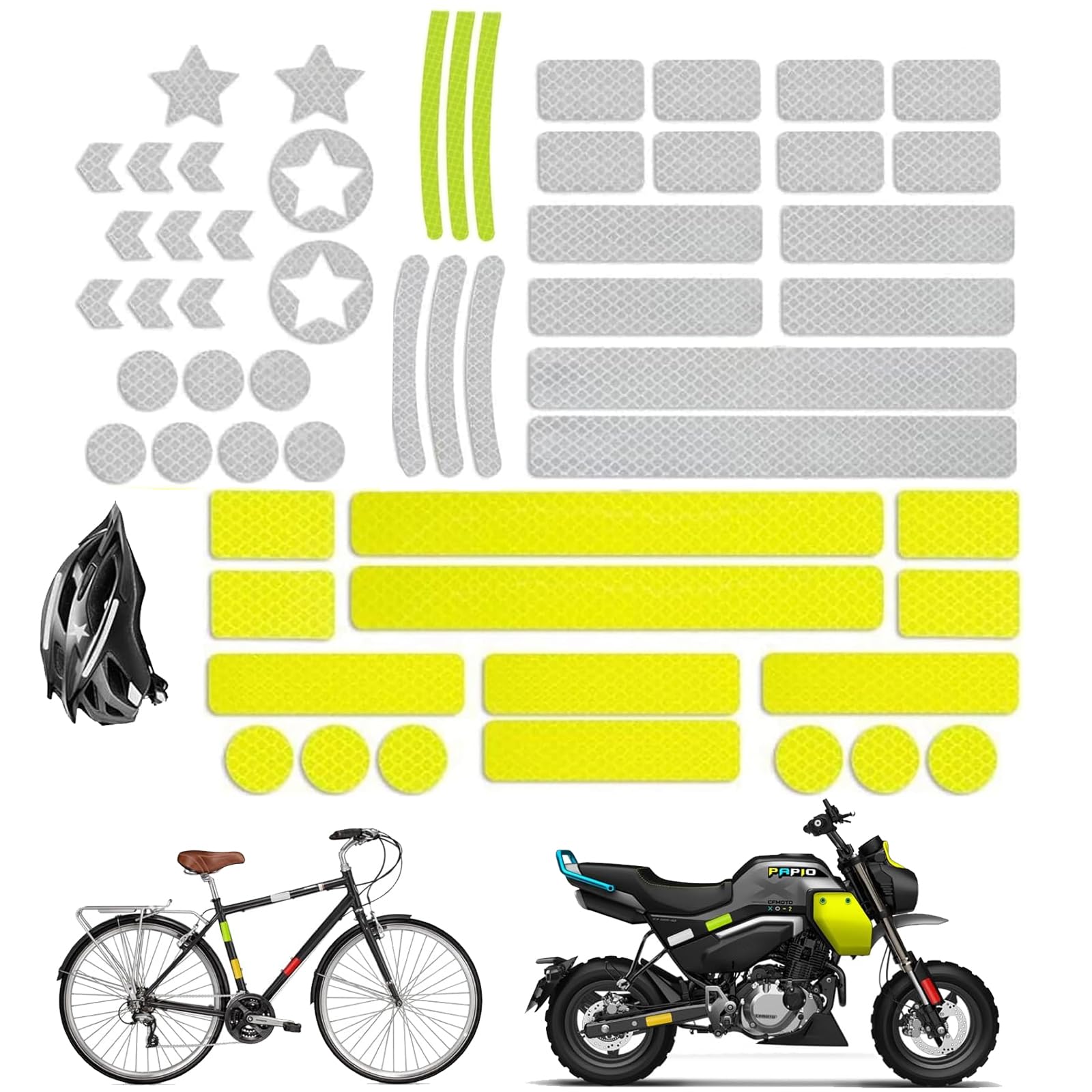 Noneoyno White, Fluorescent Green Reflective Decals Multi Shapes Kit,84Pcs Reflective Stickers, Waterproof Outdoor Safety Warning Reflective Stickers, Night Visibility Adhesive Stickers For Helmet, Bicycle, Car Stroller