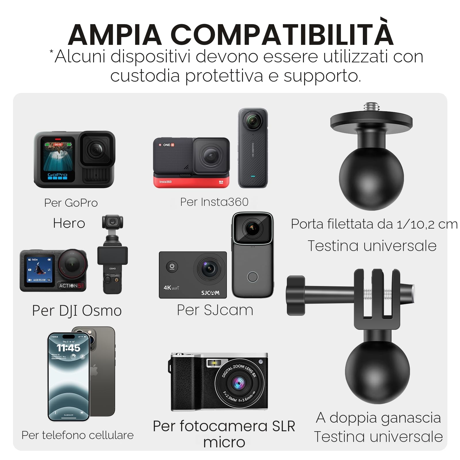 REYGEAK Supporto per fotocamera a doppia testa a sfera a 360° con viti da 1/4, supporto per manubrio per bicicletta a doppio artiglio per Gopro Max Hero 13/12/11/10/9