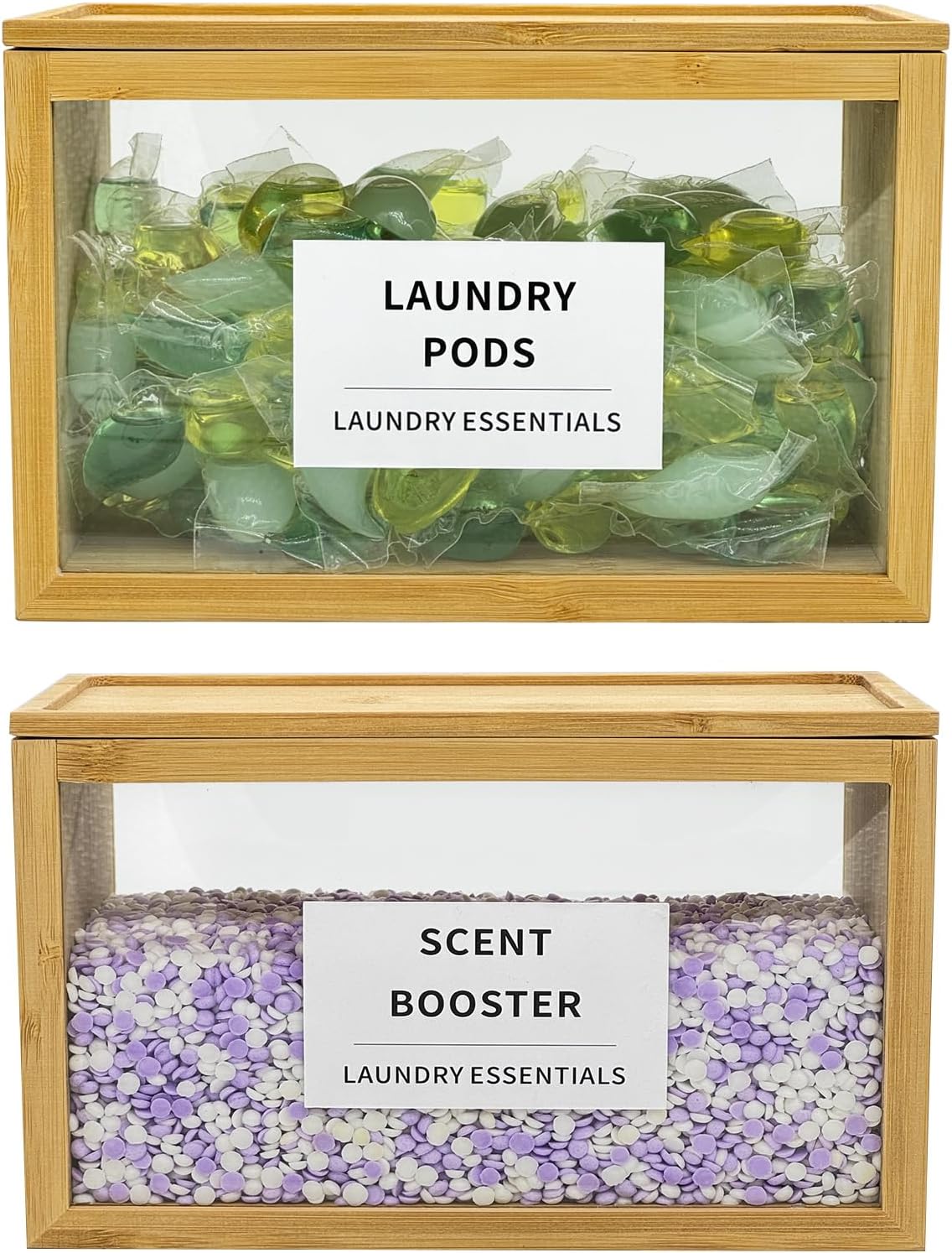 2 Pack Laundry Pods Container, Glass Laundry Room Organization Containers with Bamboo Lid and Labels, Large Laundry Powder Storage Containers,Dryer Sheet Holder for Scent Booster