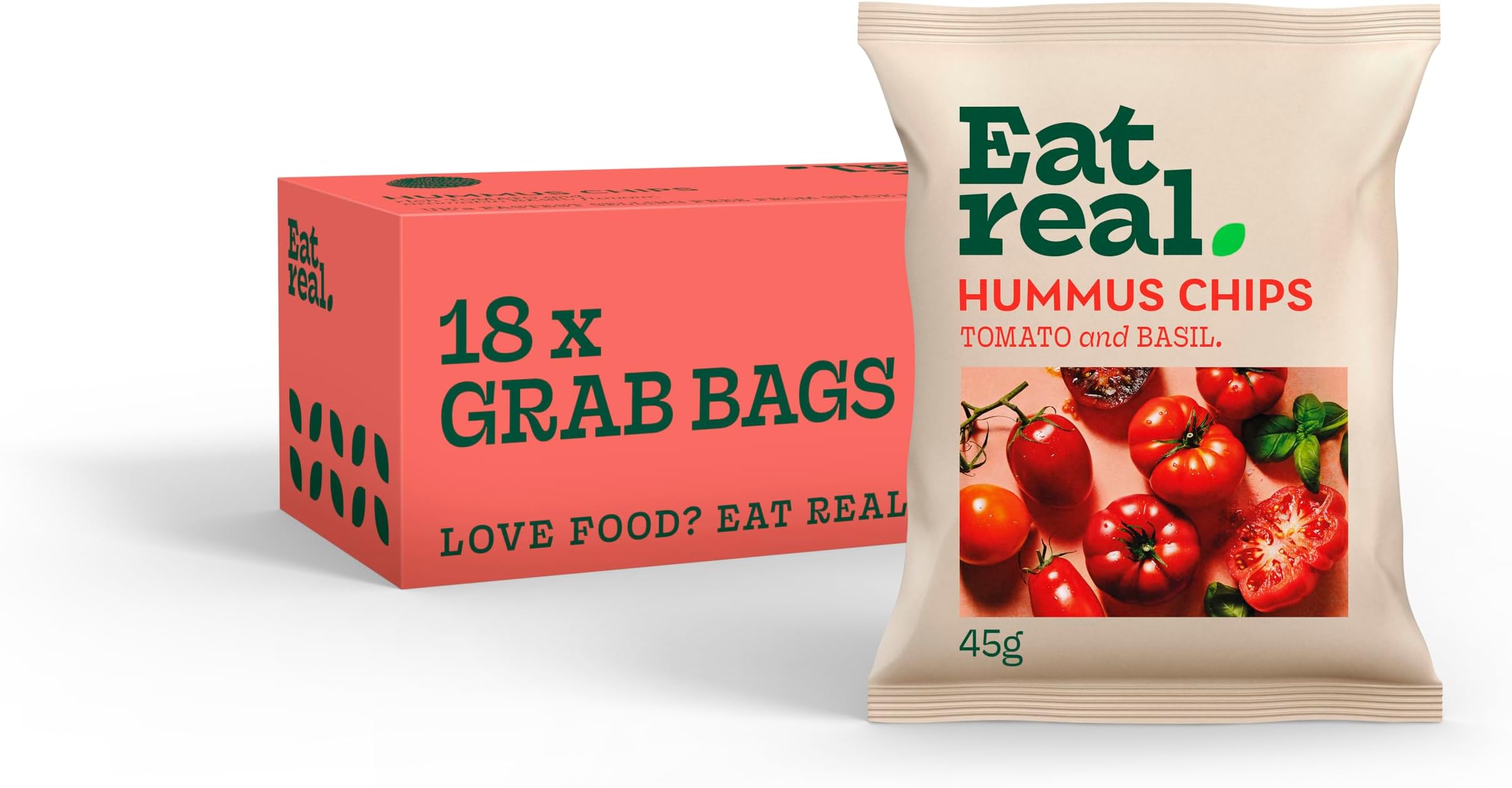 Hummus Chips, Tomato and Basil, 18 X 45g, Gluten-Free Crisps Multipack, Vegan-Friendly, Healthy Snacks, Plant-Based