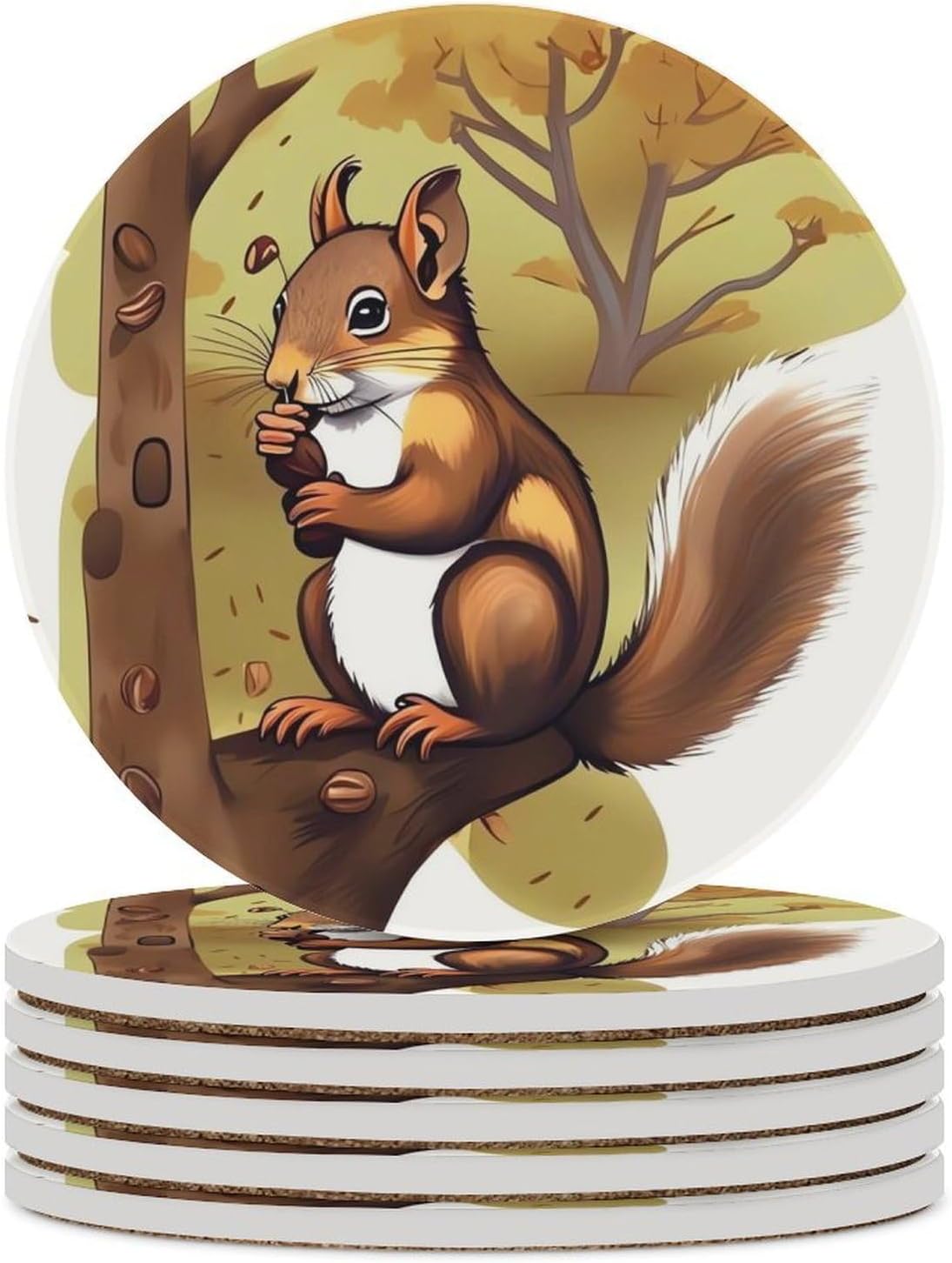 6PCS Nut-Eating Squirrel Coasters Non-Slip Round Drink Coasters with Ceramic Stone and Cork Base, Heat Resistant Absorbent 33.00Stone Coaster Set for Kinds of Mugs and Cups, 4 Inch