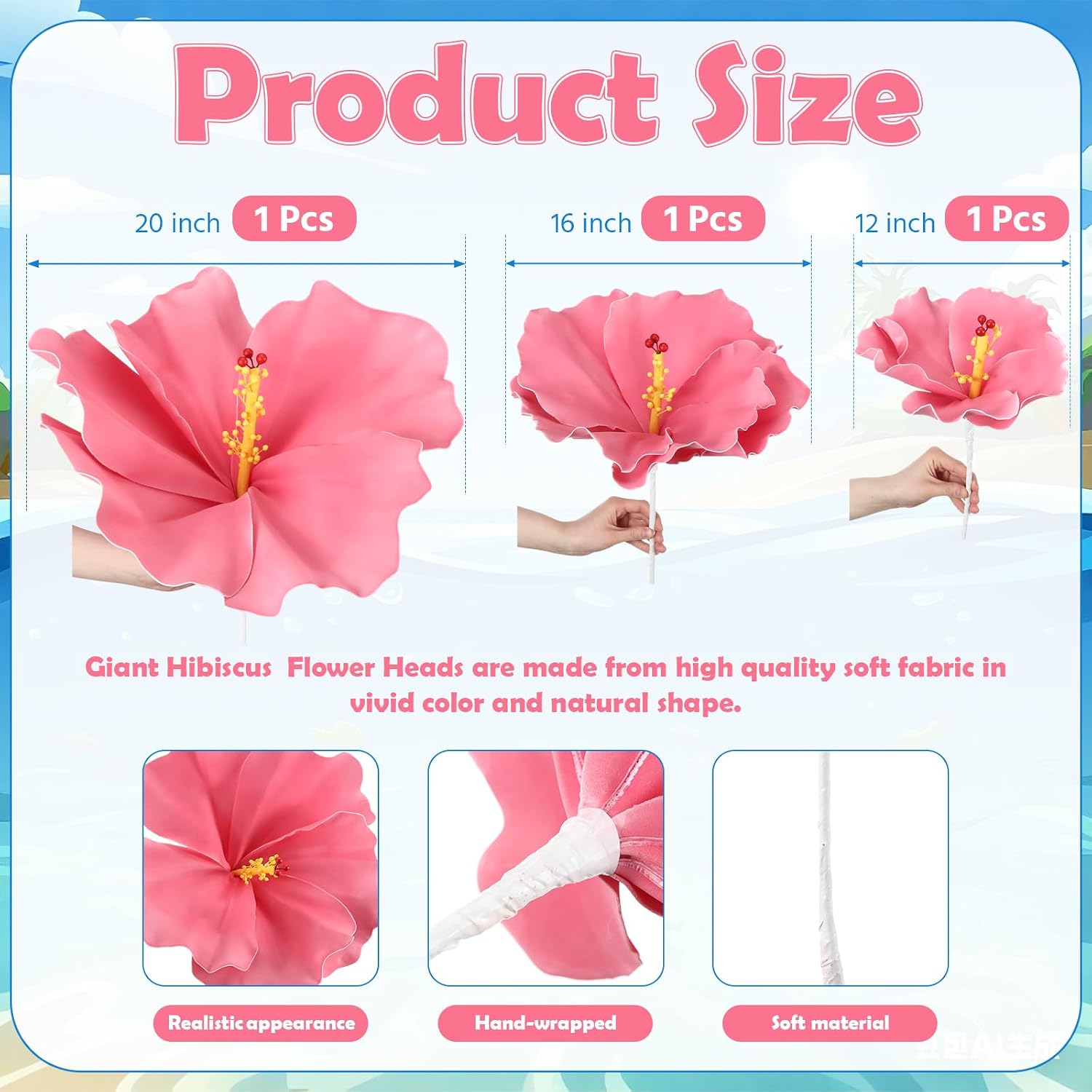 Norme 3 Pcs Giant Hawaiian Hibiscus Flowers 12, 16, 20 Inch Large Artificial Tropical Party Decoration Velvet Hibiscus Petals Big Paper Flower for Flamingo Summer Luau Aloha Party Decor