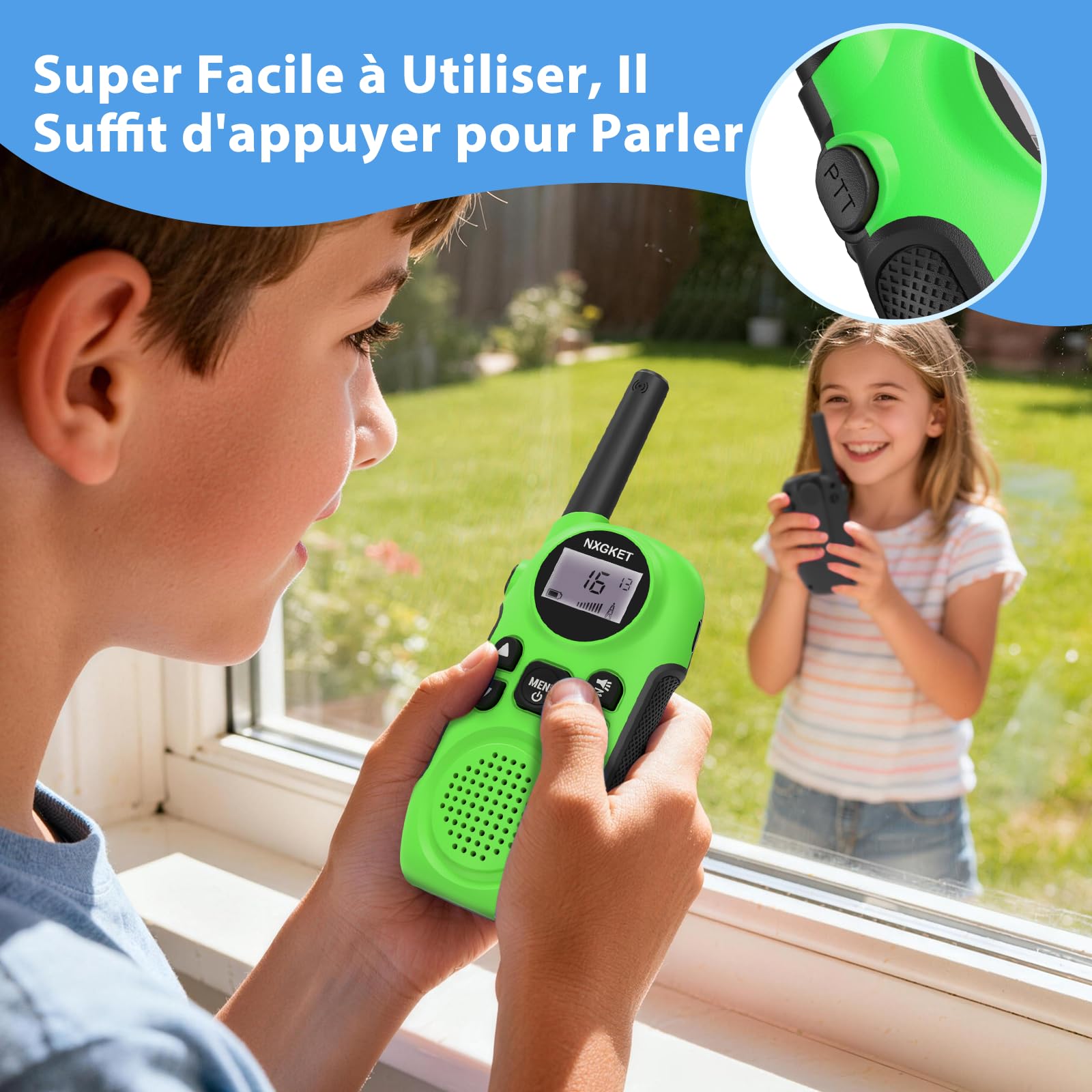 NXGKET Talkie Walkie Enfants Rechargeable, Longue Portée de 3 Kilomètres, Talkie-Walkie avec Lampe Torche, Idéal pour Le Camping, Cyclisme et la Randonnée, Jouets pour Garçons et Filles de 3-12 Ans