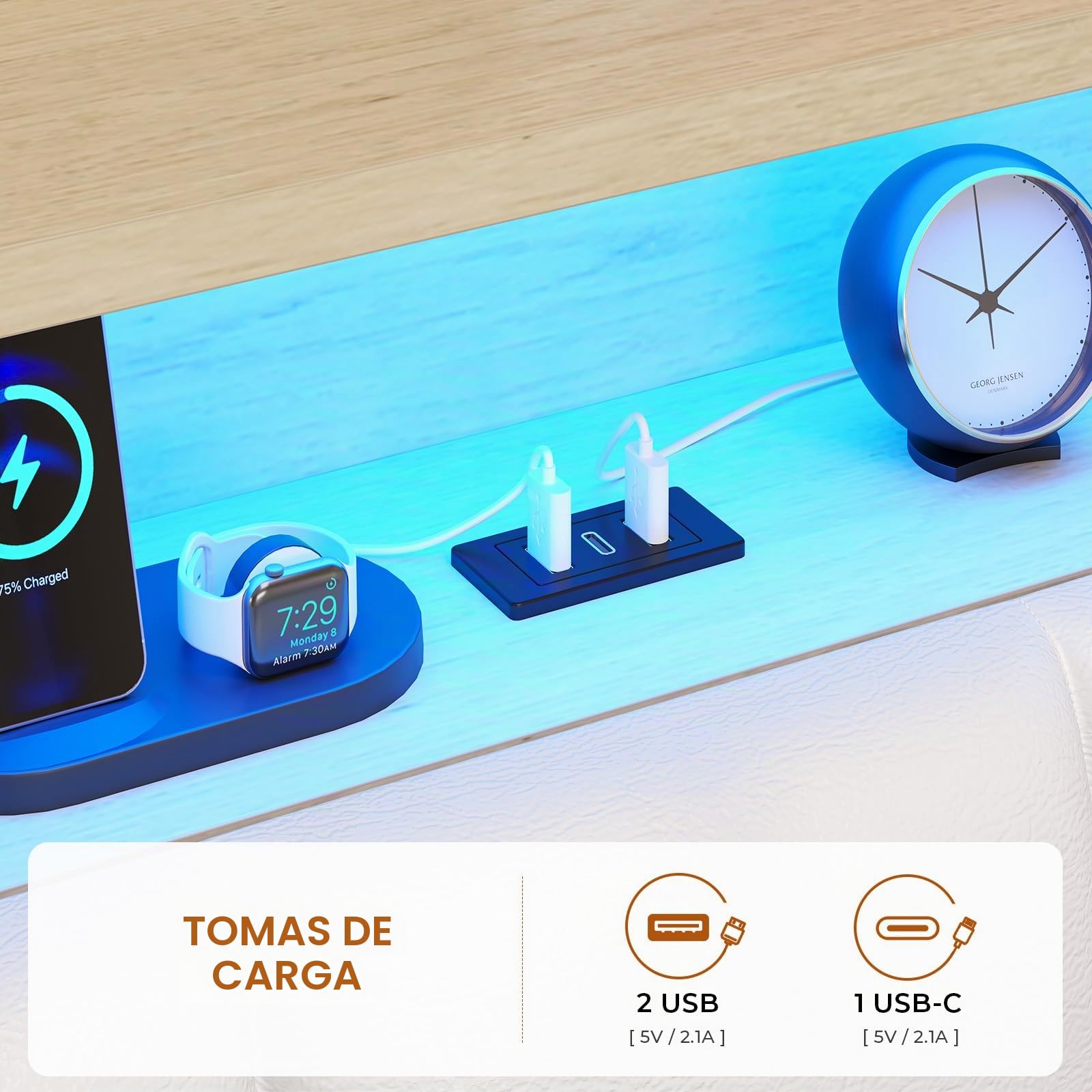 Cama tapizada con iluminación LED, cama juvenil de 140 x 190 cm, cama con somier y estación de carga, cabecero con espacio de almacenamiento oculto, Amplio espacio de almacenamiento,color blanco PU