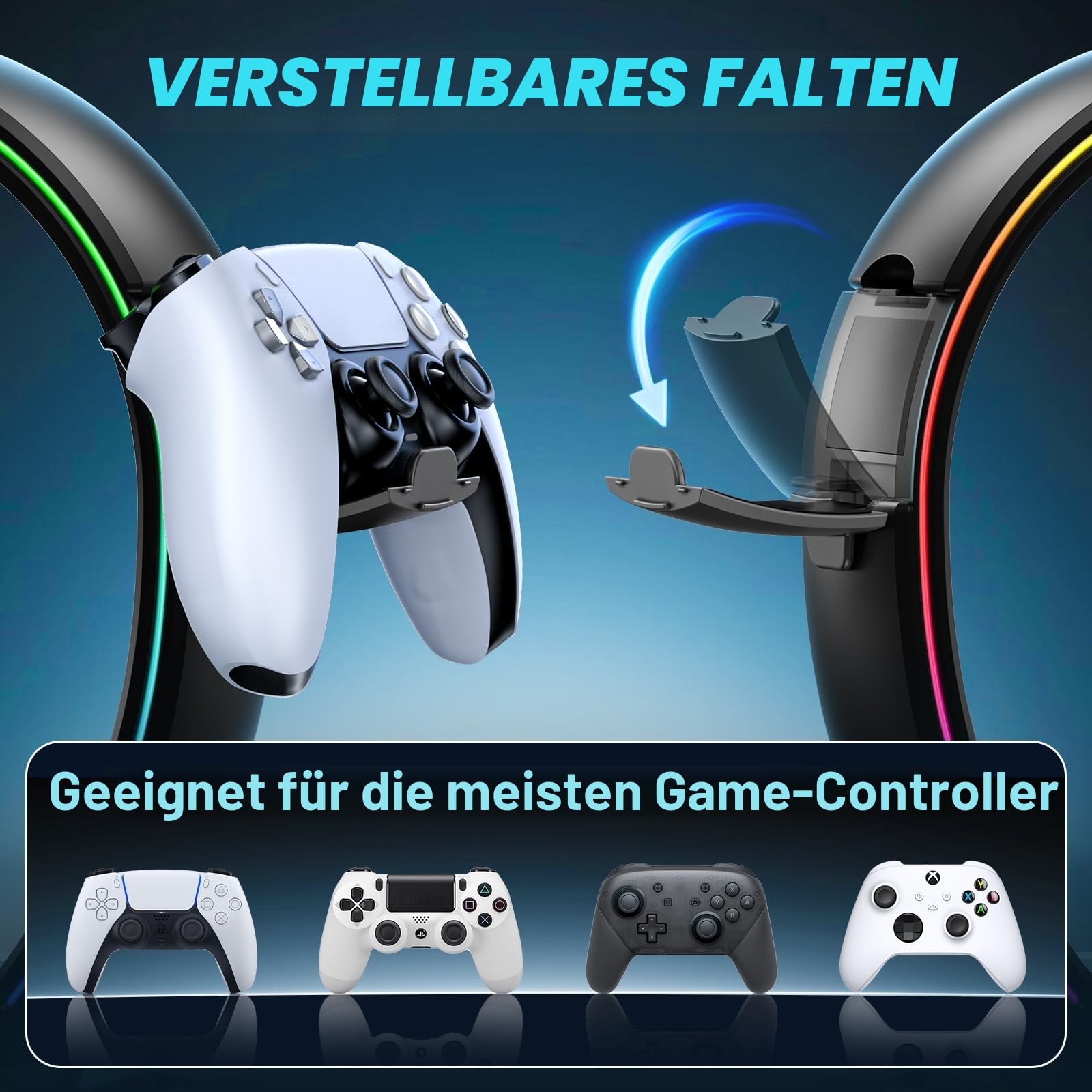 KDD Led Kopfhörer Ständer mit 9 Lichtmodi – Gaming Headset Halterung Schreibtisch – Faltbar Controller Halter mit Kabel Organizer - Headset und Controller Haltrung für Gamer PC Gaming Zubehör