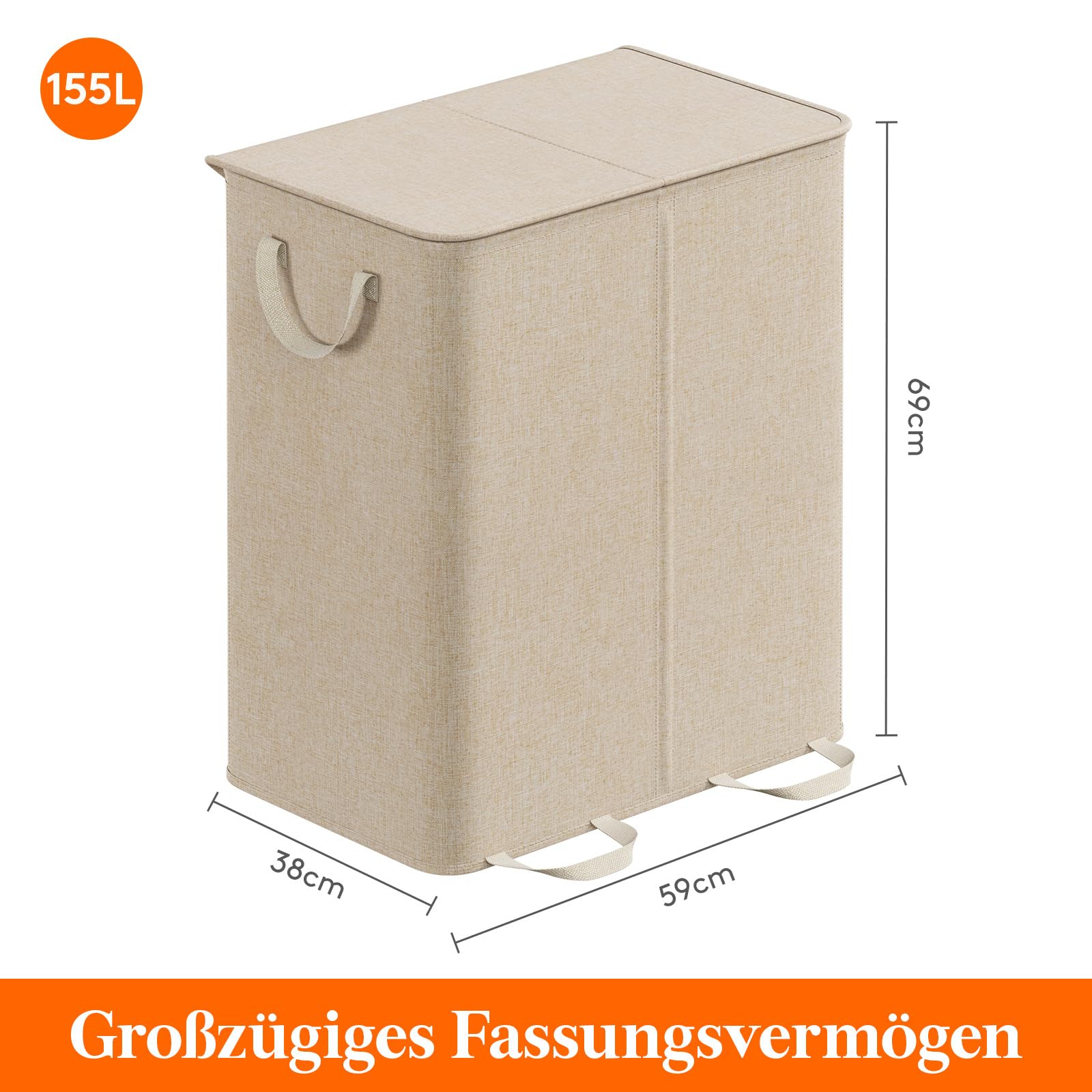 Lifewit 155L Wäschekorb mit Deckel und 2 Fächern, Beige