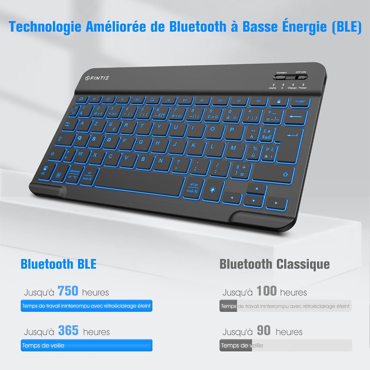 FINTIE AZERTY Bluetooth Keyboard showing the 'Connect' button and power switch
