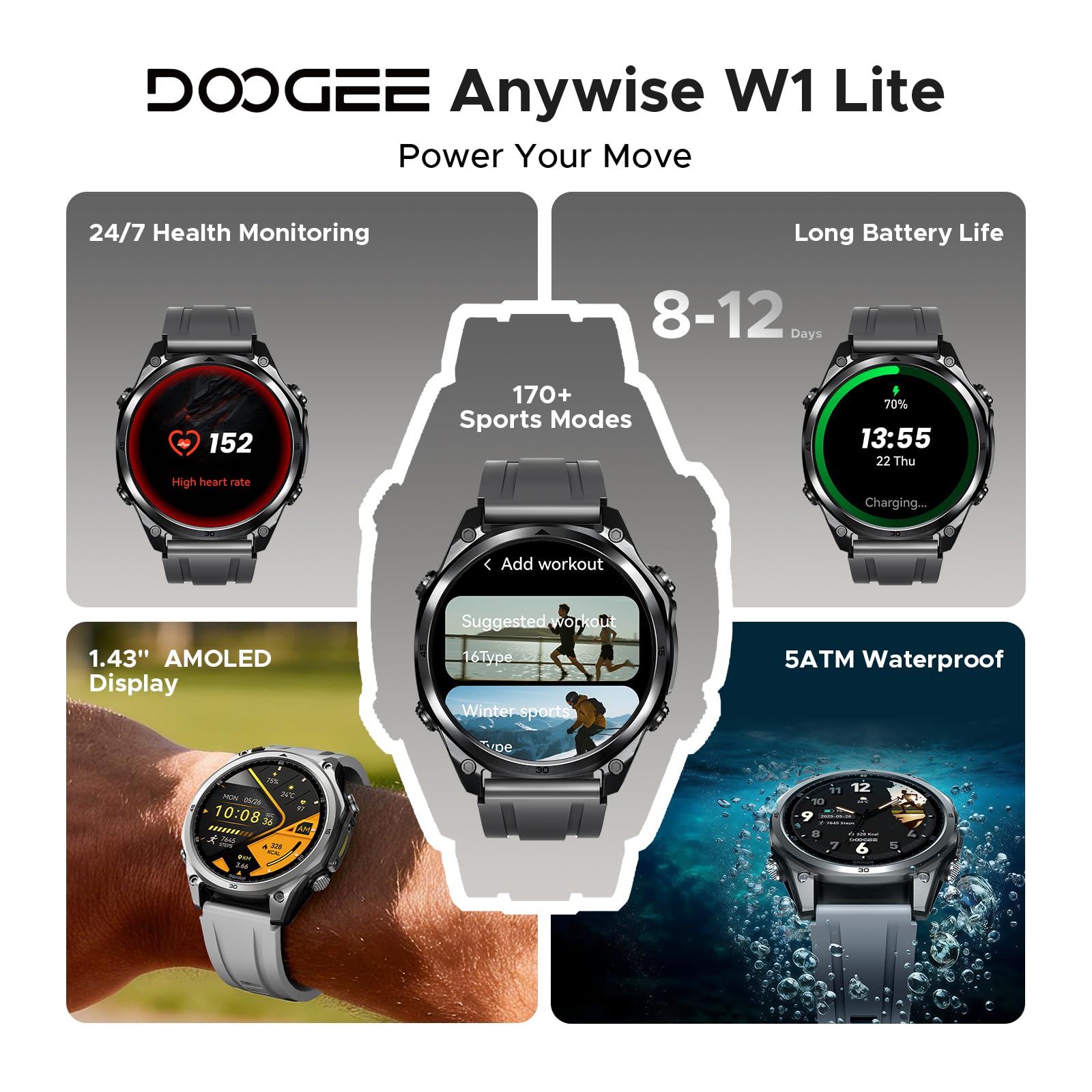 Reloj Inteligente Hombre Mujer, Smartwatch 1,43" AMOLED, IP68 | Reloj deportivo con 178 modos, frecuencia cardiaca, SpO2 y sueño, batería 8-12 días, 5ATM, iOS/Android