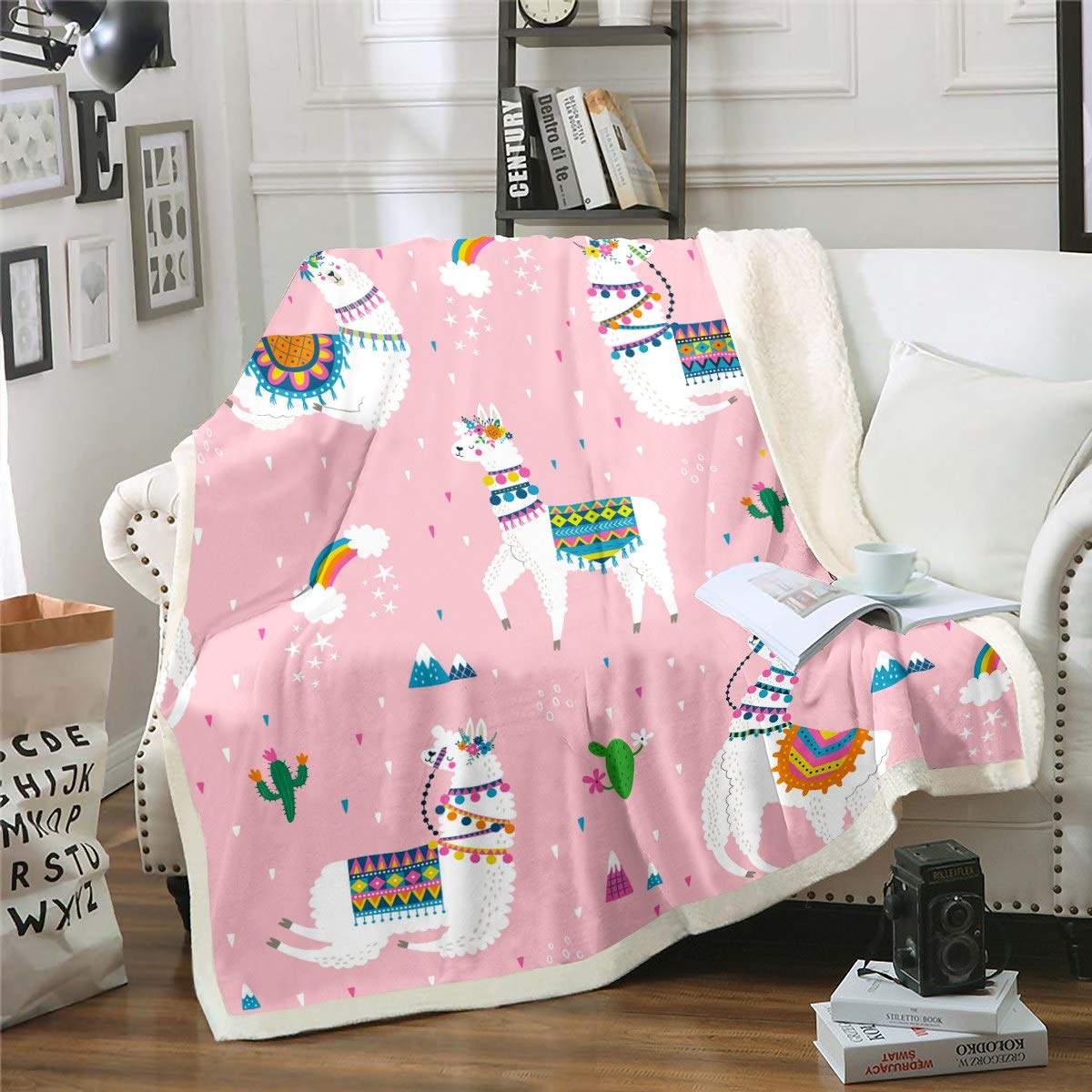 Loussiesd Multicolored 32 Cute Llama Sherpa Throw Blanket Colorful Cartoon Llama Alpaca Fleece Blanket Tribal Animal Theme Warm Plush Blanket For Sofa Couch Rainbow Exotic Baby 30"X40"