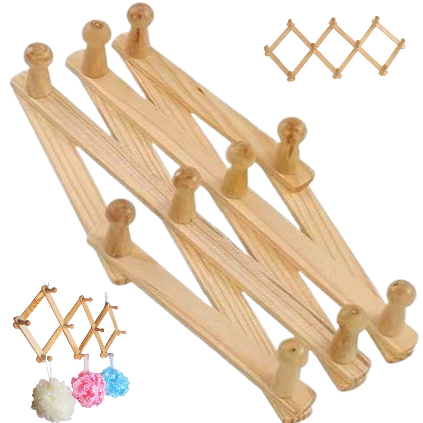 Yeaxxsqy Expandable Hat Rack for Wall Wooden Coat Hooks 10 Pegs Wall Mounted for Hat, Cap, Belt, Towel, Umbrella
