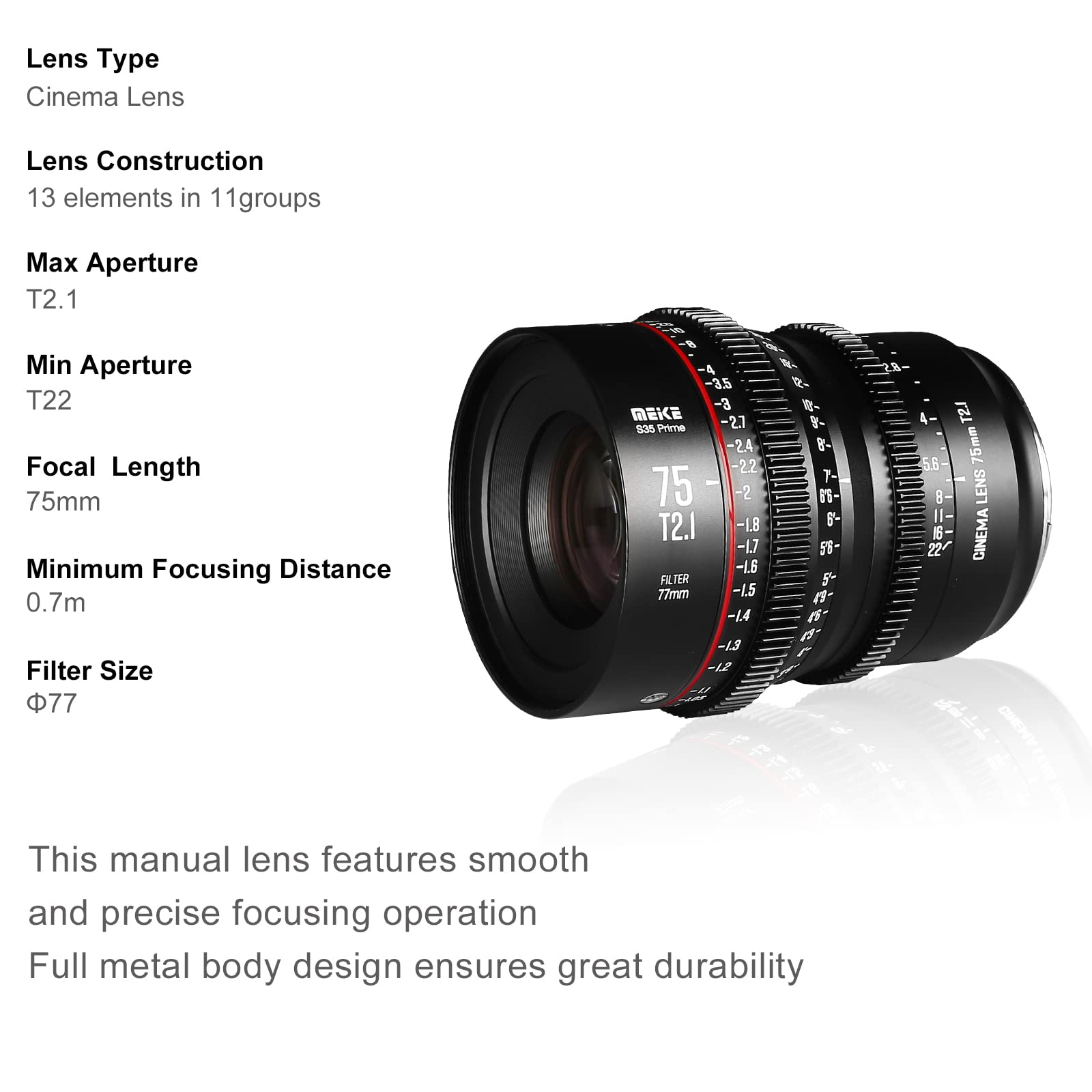 Meike Obiettivo Prime Cinema grandangolare con messa a fuoco manuale T2.1 S35 da 75 mm per Canon EF Mount