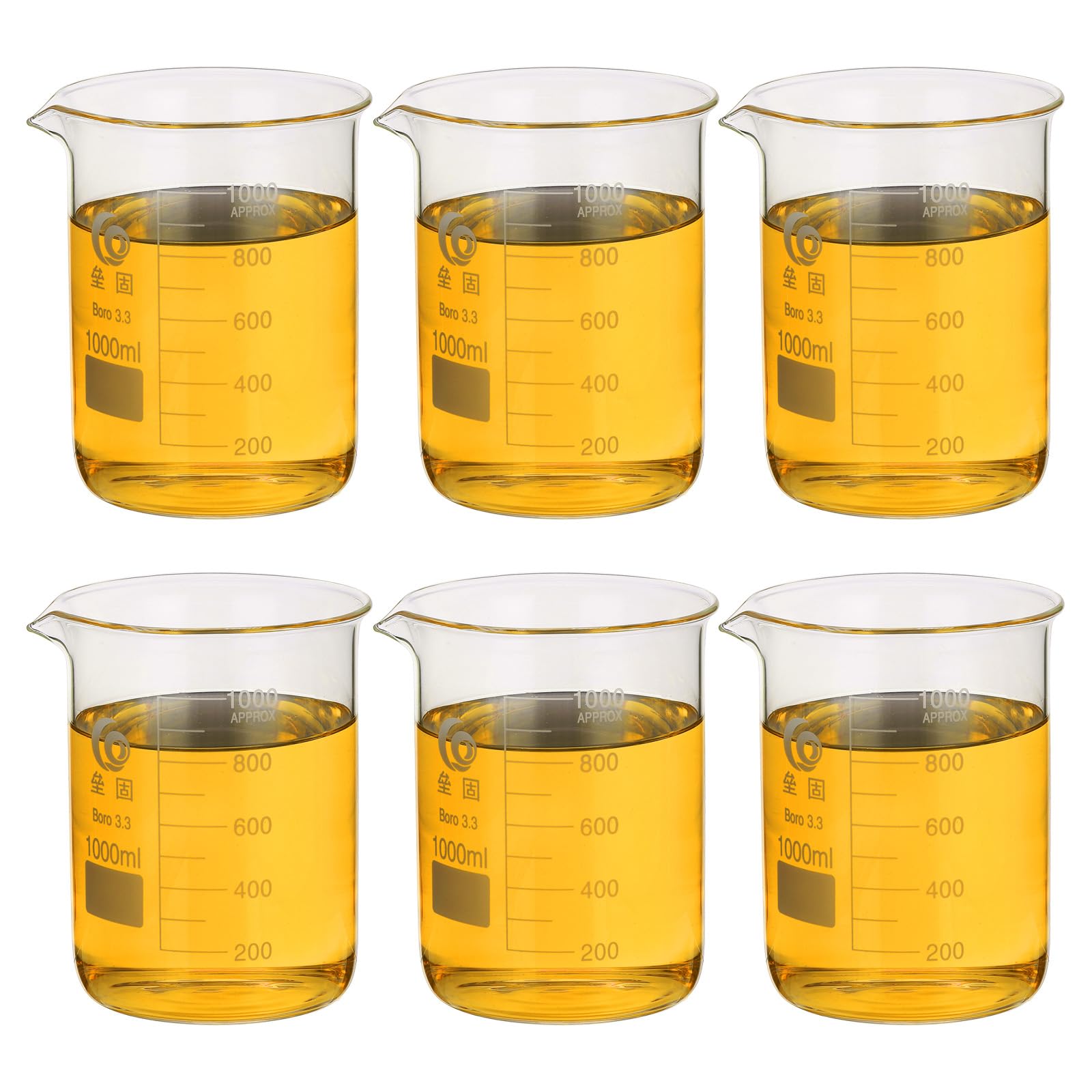 PATIKIL 1000ml Vaso Bajo, 6Pcs Vasos De Borosilicato 3.3 Taza Medición Graduada Con Pico Experimentos Laboratorio, Cocina Y Repostería, Transparente