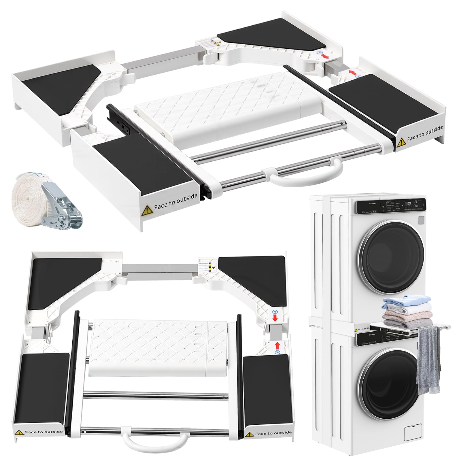 MISTRO Kit de Superposition Universel Réglable 42-73cm Cadre Intermédiaire Monobloc avec Tablette Extensible 12kg et Barre Porte-Serviettes Station de Pliage Gain de Place pour Buanderie