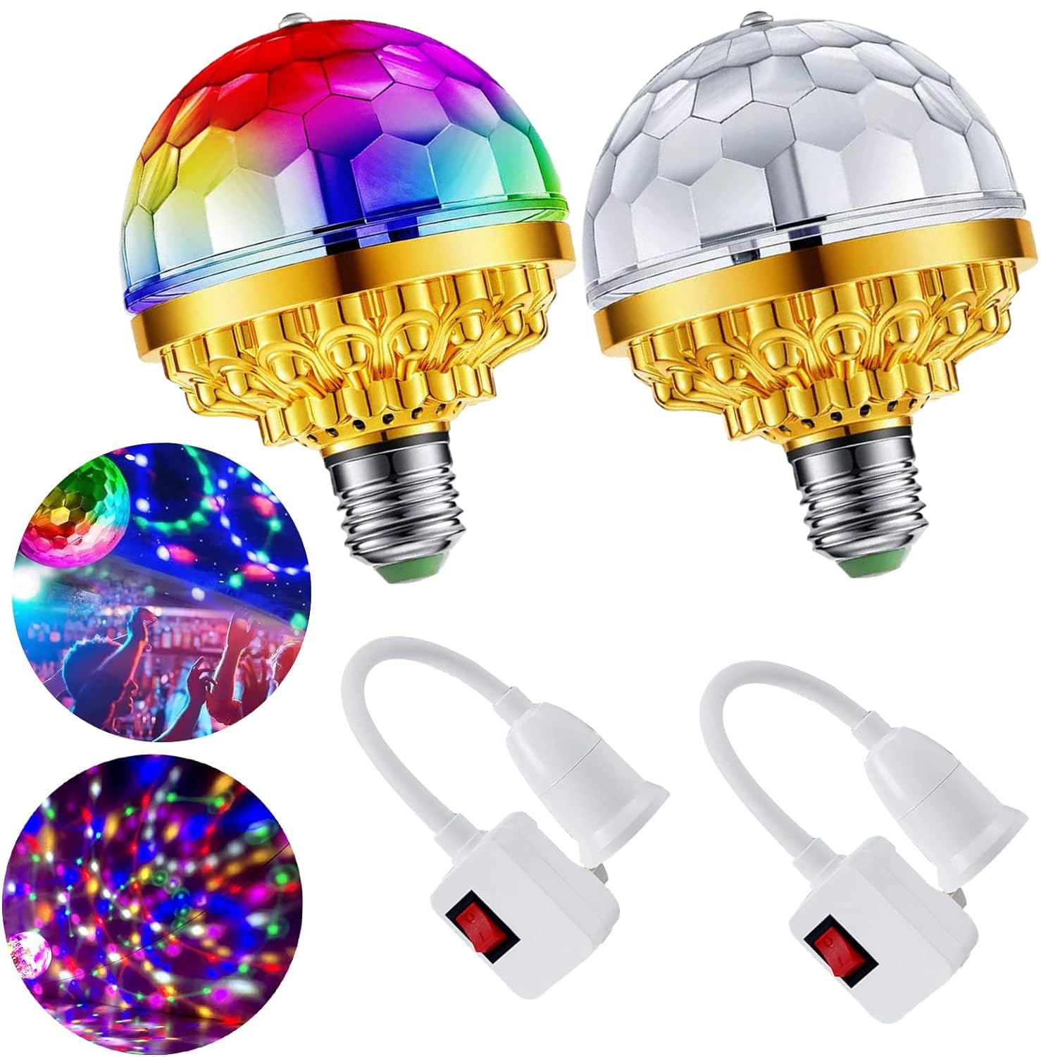 2Pcs Colorful Rotating Magic Ball Disco Ball Light Bulb with Sockets, Plug in RGB LED Stage Light for Home Room Dance Parties