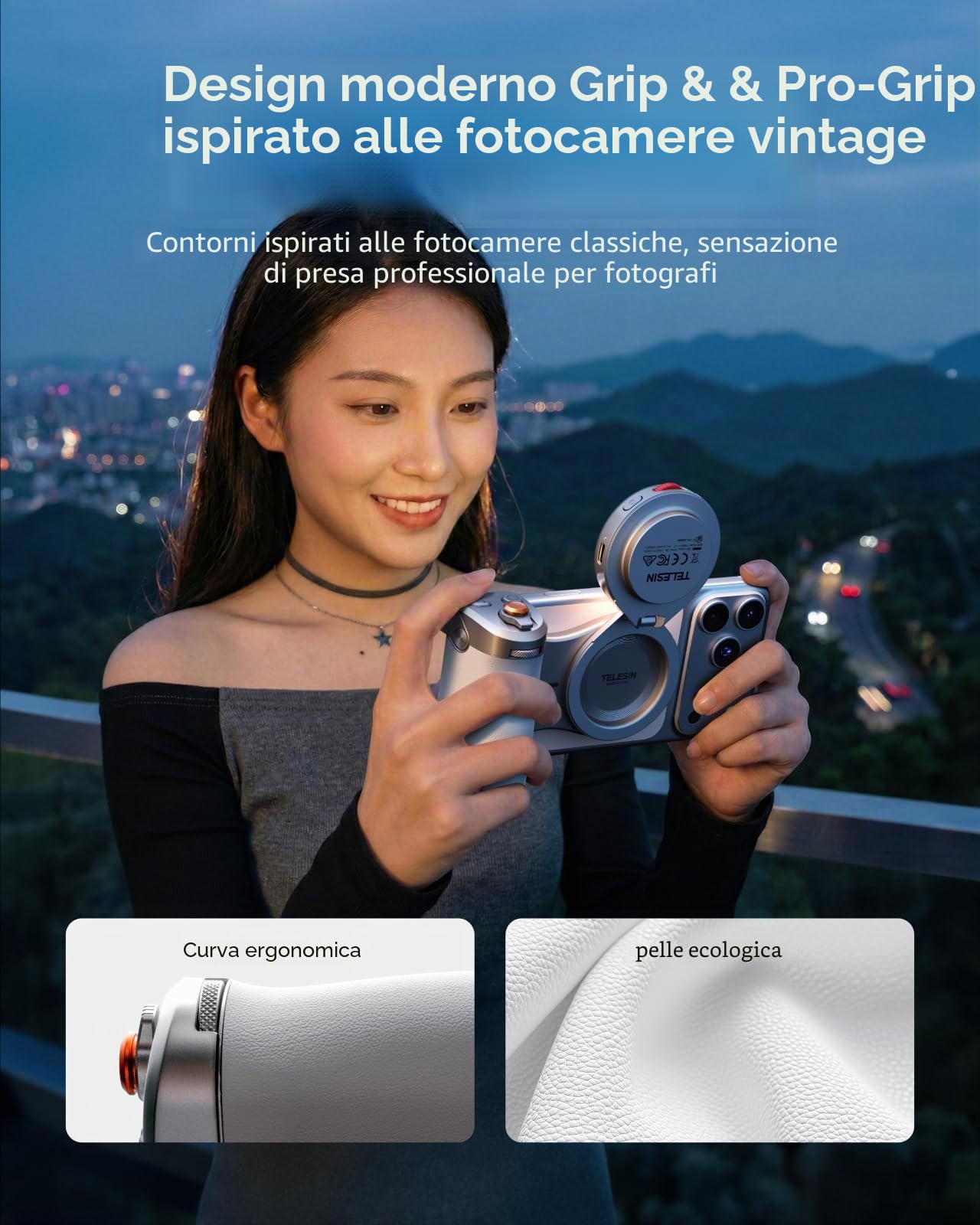 TELESIN Pro Imaging Master Grip + Luce Flash per Selfie | Stile DSLR, Magnetica Impugnatura Ergonomica, 5000 lux Luce Flash | Kit MagSafe per la Creazione di Contenuti per iPhone/Android,Vlog,YouTube