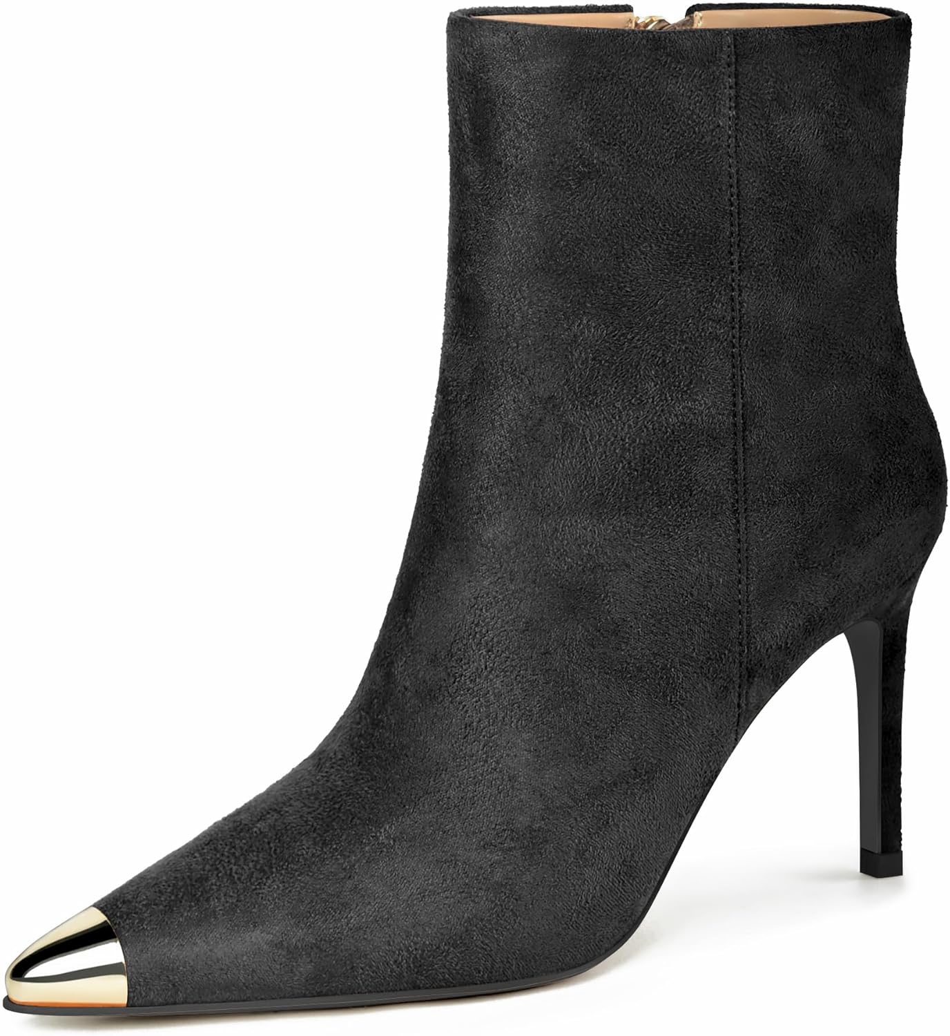 XINIUNIU Women's Ankle Boots Kitten Stiletto Heels Booties Metal Pointed Toe Suede Side Zipper 3.5 Inch Short Boot Dress