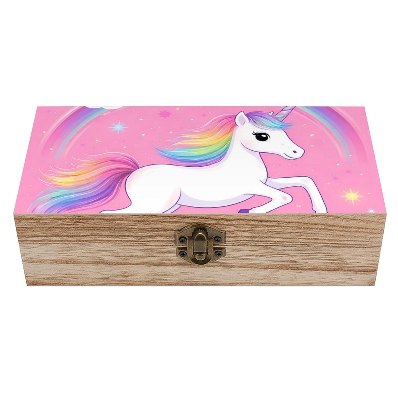 SMAZDFXX Ink Unicorns Rainbow Cloud Wooden Storage Box With Hinged Lid Decorative Front Clasp Keepsake Boxes