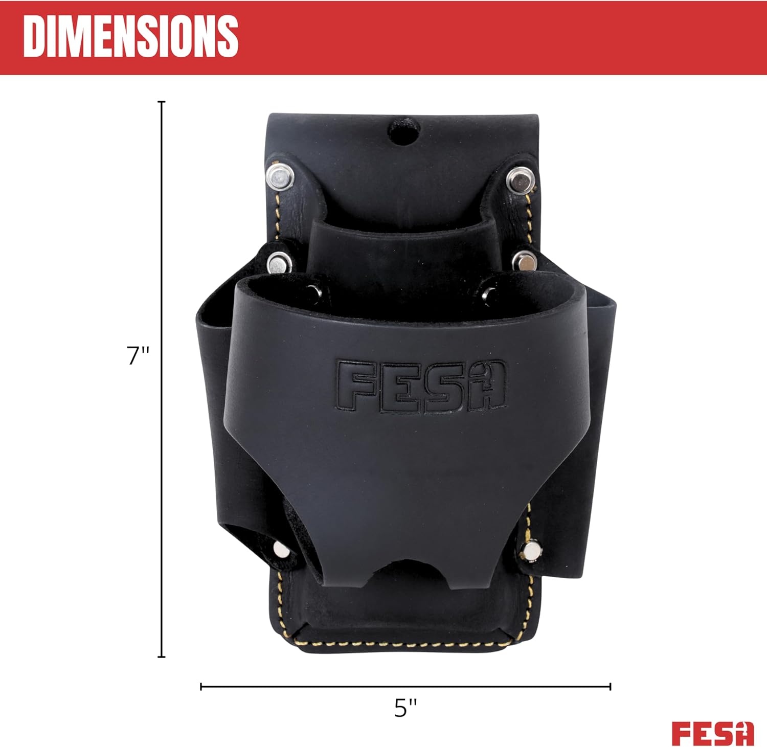 FESA Small Leather Tool Pouch - 4-in-1 Heavy Top Grain Leather Small Tool Pouch with a Tape Measure Holder, 3 Pockets & Reinforced Heavy Duty Rivets - Fits Belts up to 3" - Handcrafted