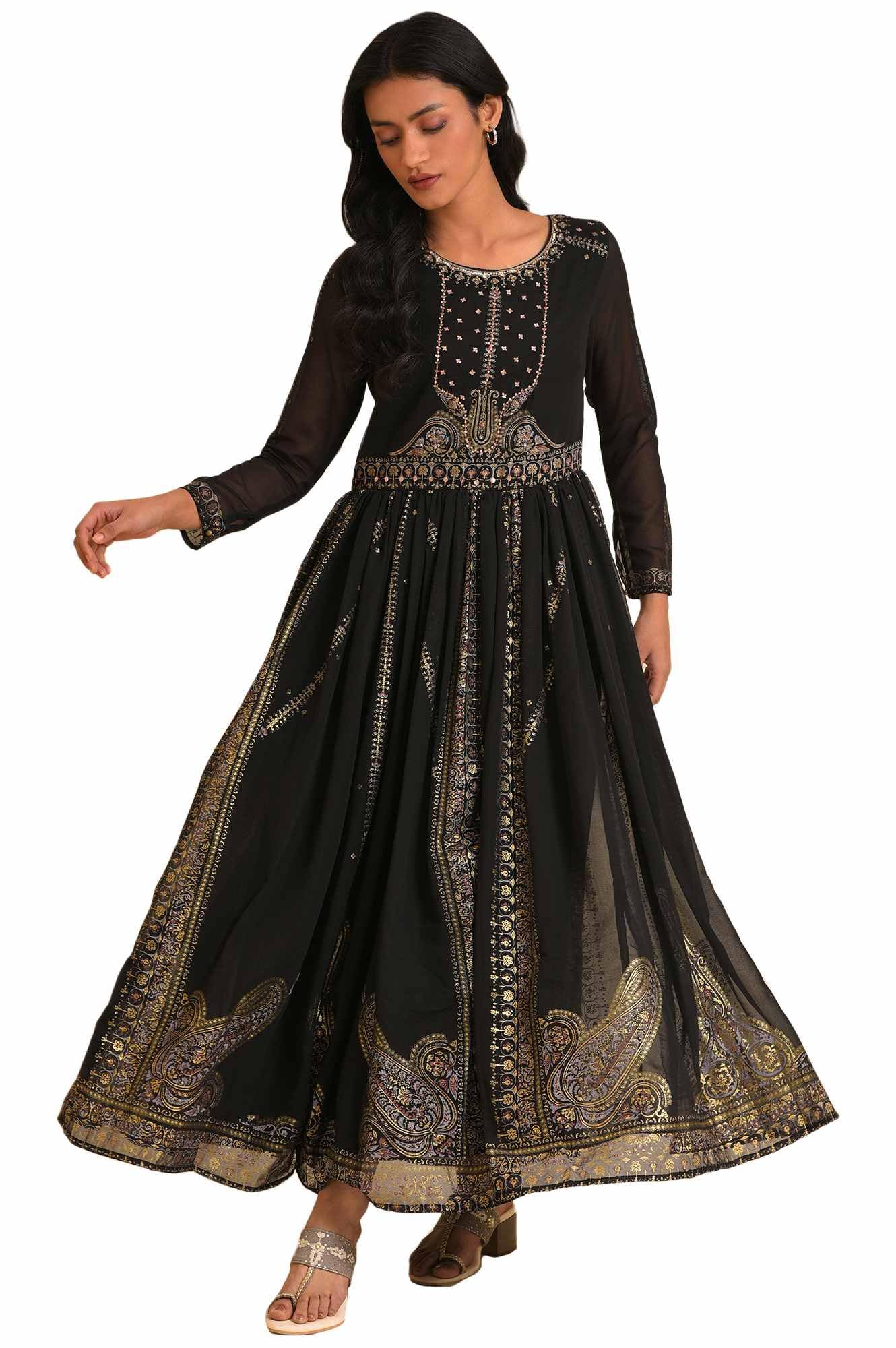wishful Women's Polyester Black Foil Printed Victorian Dress Ankle Length-picture-48
