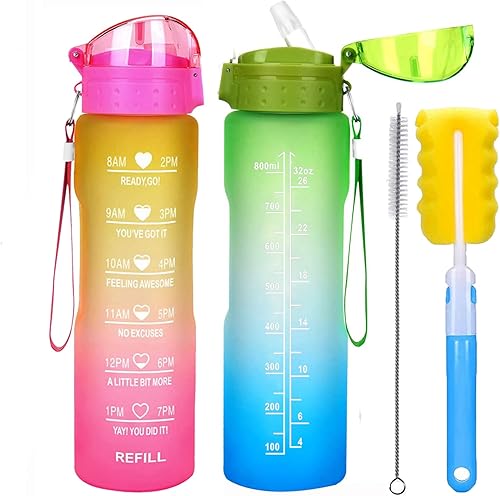 XACIOA Botella de agua de 32 onzas con popote y marcador de tiempo motivacional, a prueba de fugas, sin BPA, garantiza que bebas suficiente agua