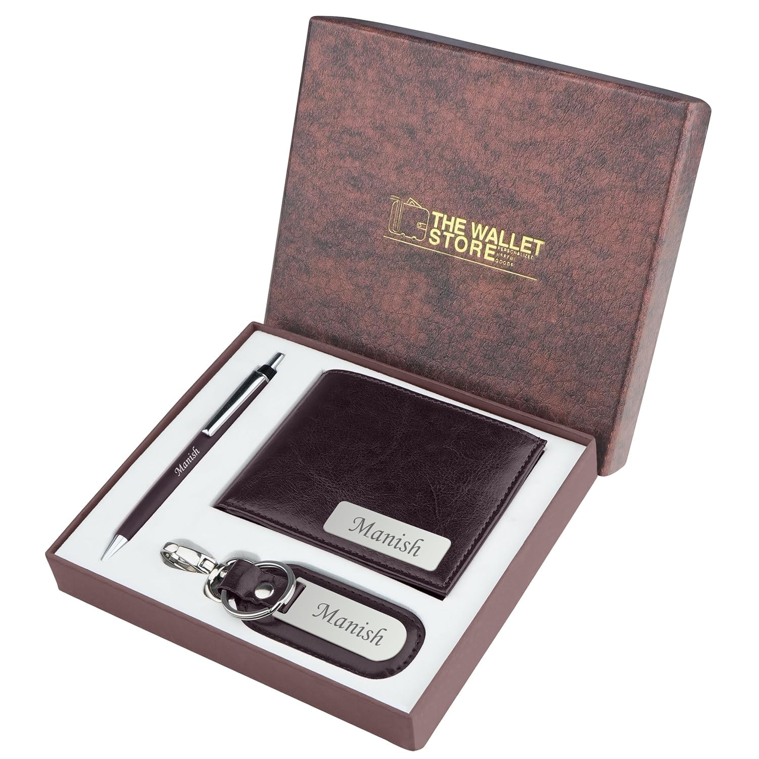 Personalized Men's Wallet Pen & Key Chain Combo Gift Set | with Name | Vegan Leather | Best Gift Set for Brother, Husband, Boyfriend, Etc (BROWN-KC13-PN14-WL15)-image-14