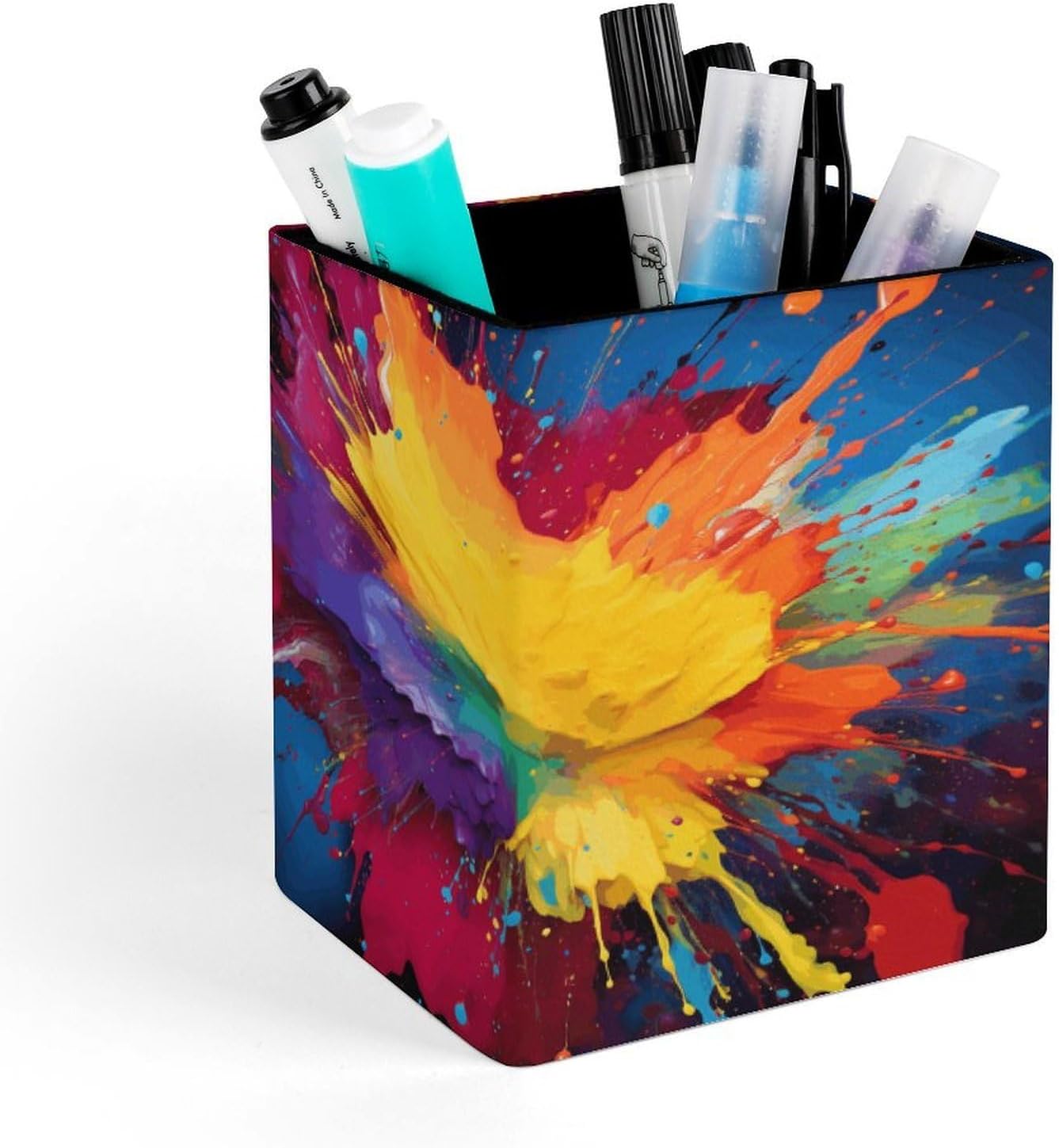 PU Leather Pen Holder Splatter Art Desk Organizer Storage Cup