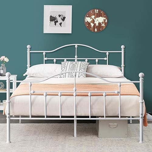 Miniatura 13 de VECELO Base de cama de tamaño matrimonial con plataforma mental, base de colchón con cabecero de soporte de listones de acero, no necesita somier,