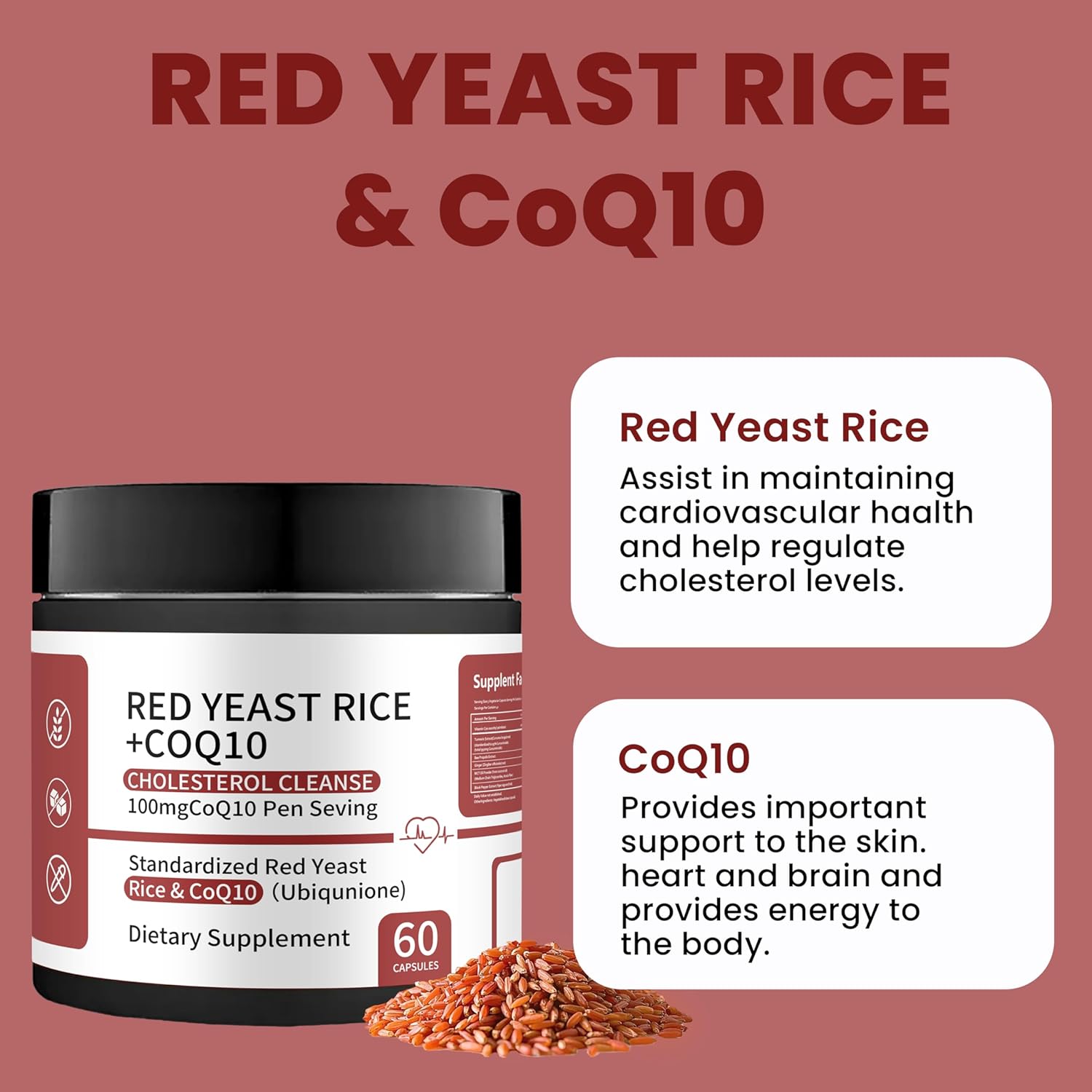 Red Yeast Rice with CoQ10 Supplement - red Yeast Rice Advanced 1200mg Formula for Heart & Cholesterol Support - 60 Capsules