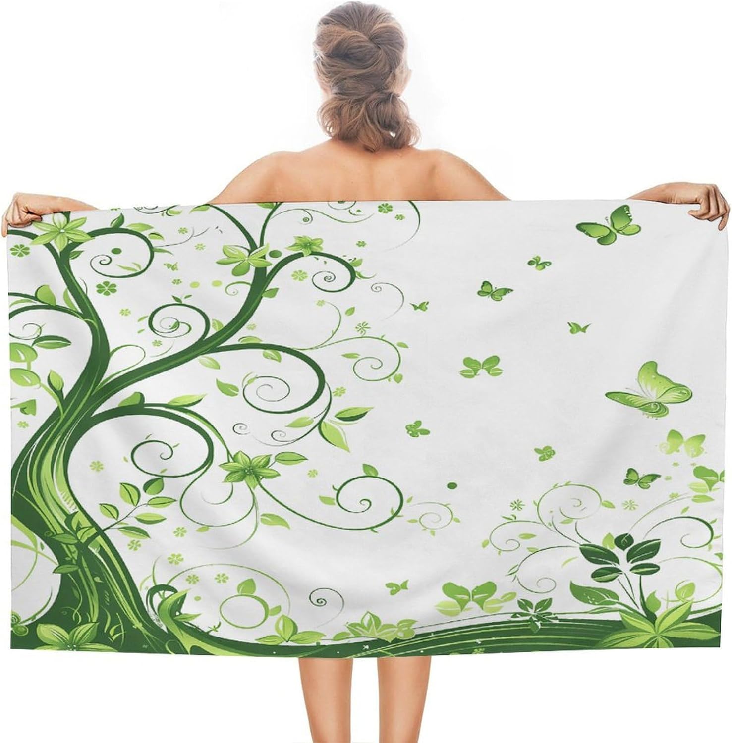 Swimming Towel, Green Floral Swirl Printed Fashion Towel,Portable Towel,Durable Towel