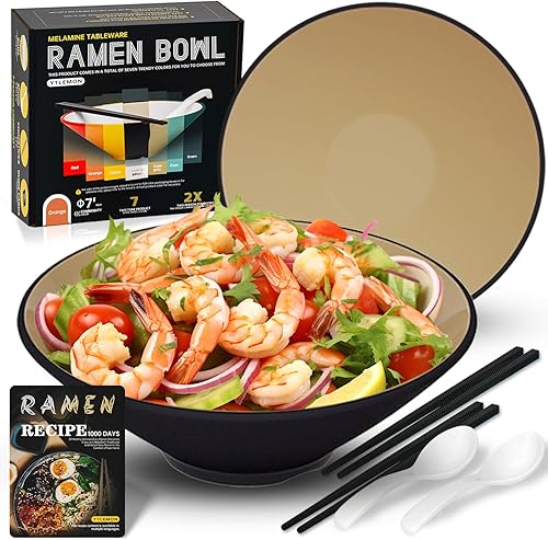 Juego de cuencos de plástico para ramen, 2 juegos de 20 onzas de doble cara a juego con palillos y cucharas para cereales de ensalada, vajilla