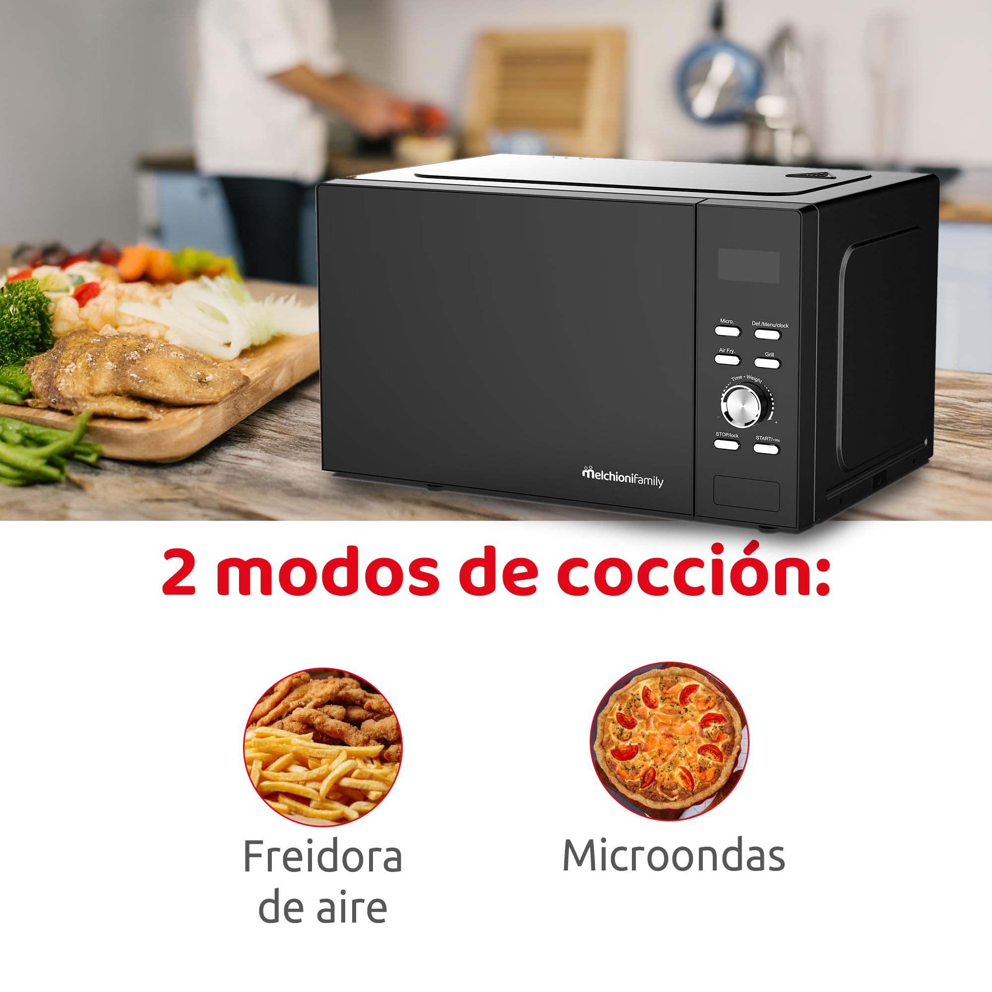 Melchioni Family | GOLIA Freidora de Aire & Microondas 2 en 1 con Grill, 23L, Pantalla Táctil, Temporizador, Luz Interna, Programas Preestablecidos, Cocción Rápida y Saludable