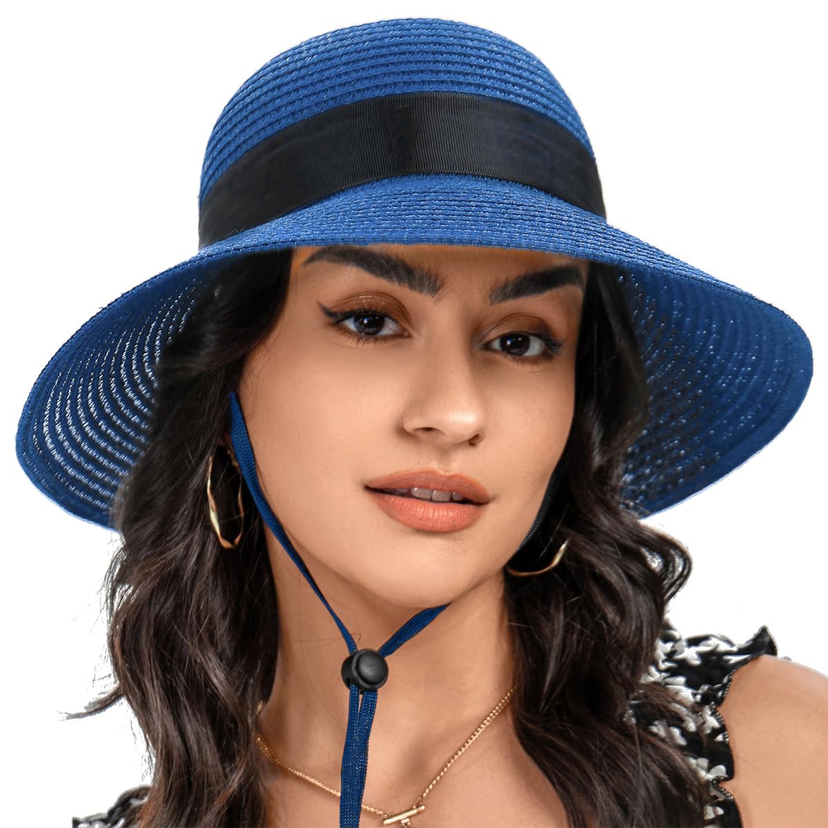 Chapeau de Paille pour Femme avec Cordon Coupe-Vent à Large Bord Pliable pour la Plage, l'été, Protection UV 50+