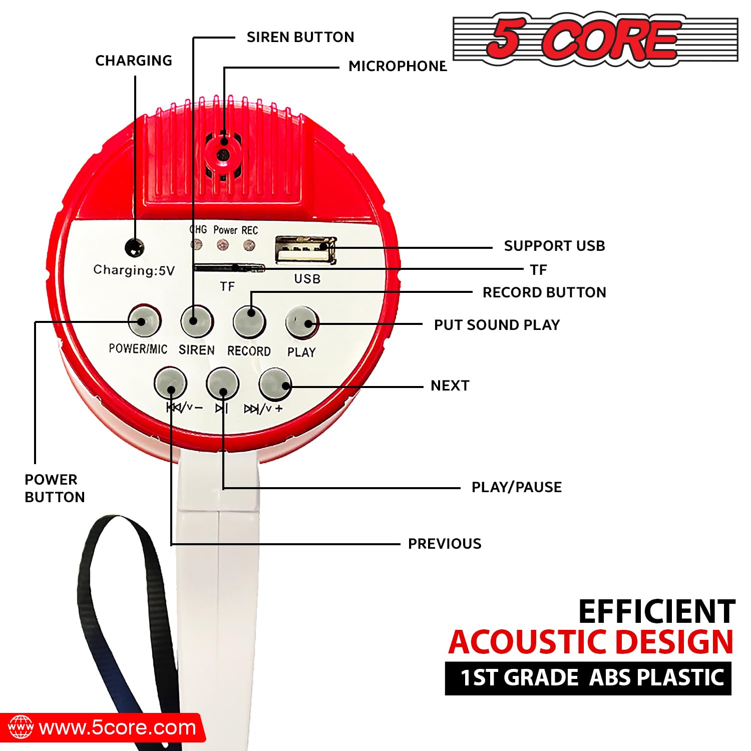 5Core Megaphone Bullhorn Speaker 30W Professional Bull Horn Battery Power Cheer Megafono 800 Yard Range Loudspeaker w Siren LED Light Recording Ergonomic Handle for Coaches Football Baseball (138 RU)