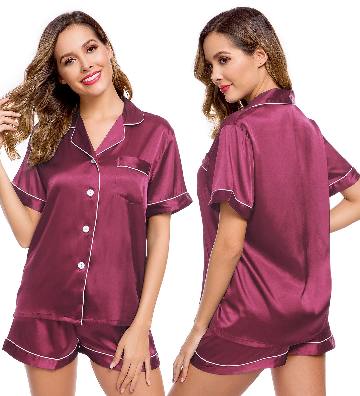 LecGee Womens Silk Satin Pajamas Short Sleeve Loungewear Two-Piece Sleepwear Button-Down Pj Set