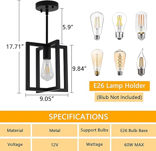 Miniatura 3 de Lámpara de techo de 1 luz negra semiempotrada, lámpara de techo rústica vintage retro de metal industrial de granja para pasillo, entrada,