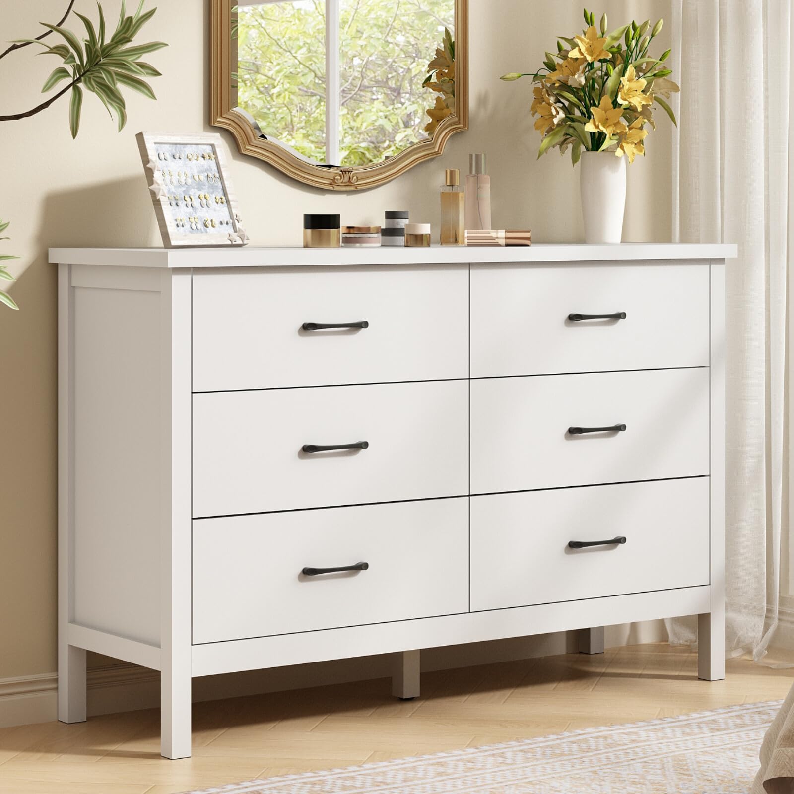 White Dresser for Bedroom, 6 Drawer Wood Double Dresser with Metal Handles, Wide Chest of Organizer Storage Drawers for Living Room, Hallway, Entryway