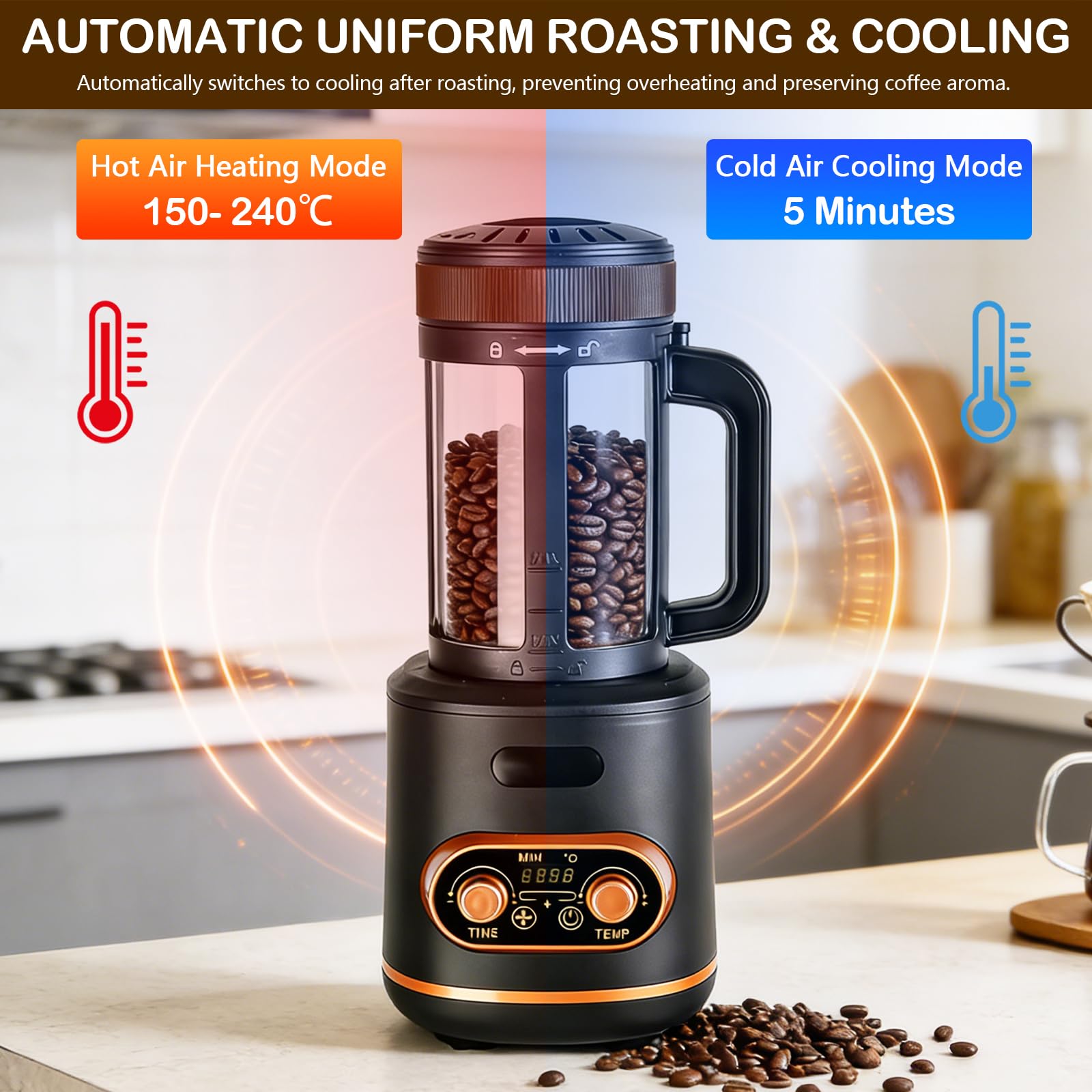 Torréfacteur à café à air chaud 200 g, machine automatique 2200 W pour grains de café, bol à grains séparé, température et minuterie réglables en continu, idéal pour la maison et le café