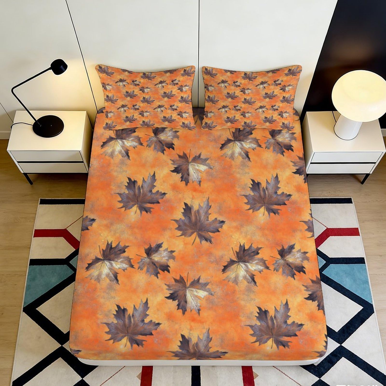 Pnayamiorkfel Style-6 3D Printed Autumn Maple Leaf Fitted Sheet Microfiber Orange Gradient Bed Cover For Bedroom Guestroom Decor, Mattress Protection 90X200x25cm