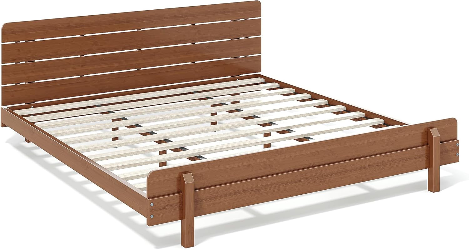 Harper & Bright Designs Wood Bed Frame King with Headboard, Low Platform Bed with Sturdy Slats Support, Rustic Style, Easy Assembly, Brown