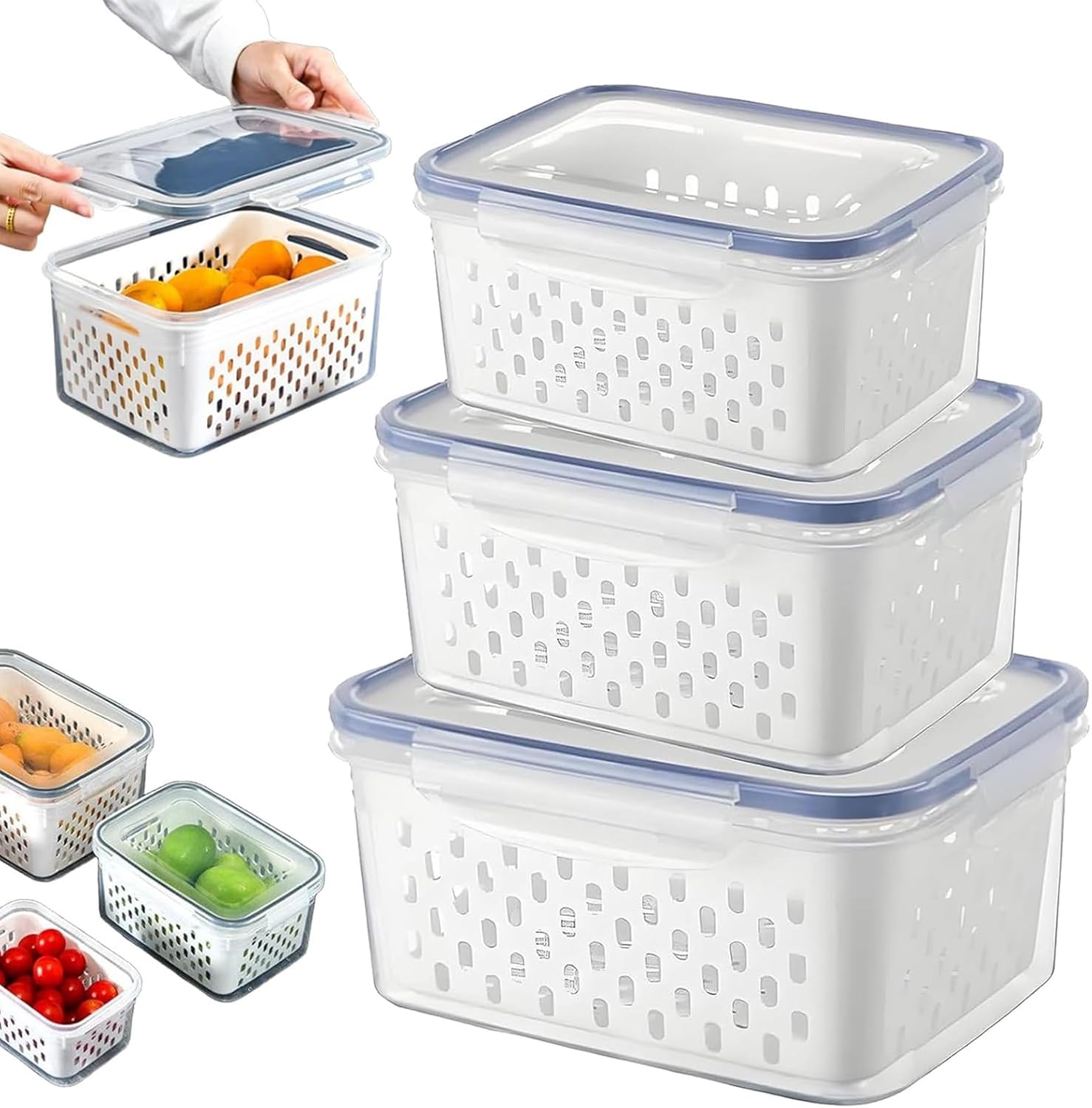 4 in 1 Food Storage Containers with Lids, Fruit and Vegetable Organizer for Fridge, Plastic Fruit Containers with Removable Colander, Household Transparent Plastic Food Storage Box (Blue, Mix)