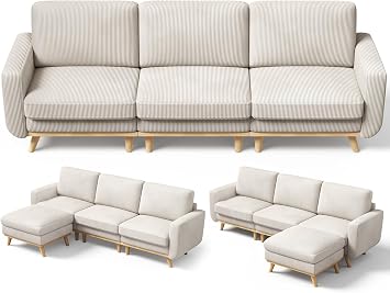 Vesgantti L-Shaped Modern Sofa, Modular Sectional Cloud Couch with Ottoman, Comfy Corduroy Deep Seat Sofa for Living Room, Bedroom and Apartment, Light Gray
