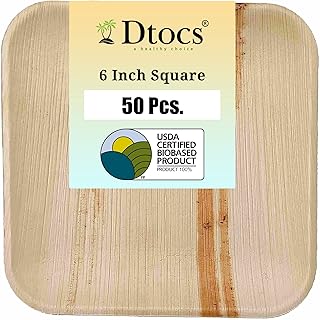 Dtocs 6 Inch Square Palm Leaf Plates (50 Pc), Bamboo Plate Like Disposable Compostable Plates | Appetizer Plate, Cocktail Plate, Biodegradable Dessert Plate Alternative to Heavy Duty Paper Plates