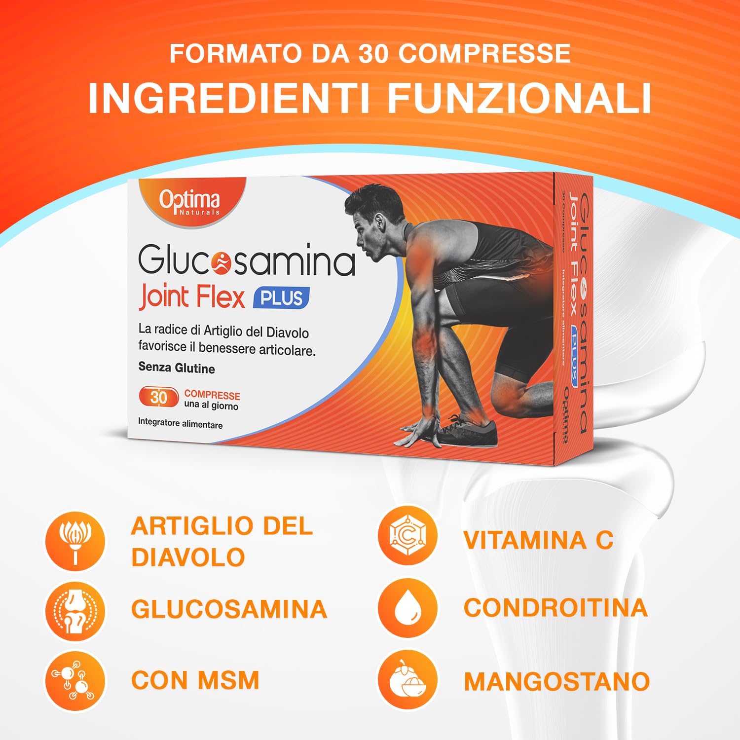 Plus integratore alimentare con Glucosamina, Condroitina, Artiglio del Diavolo e MSM, per il benessere delle articolazioni, 30 compresse Optima Naturals