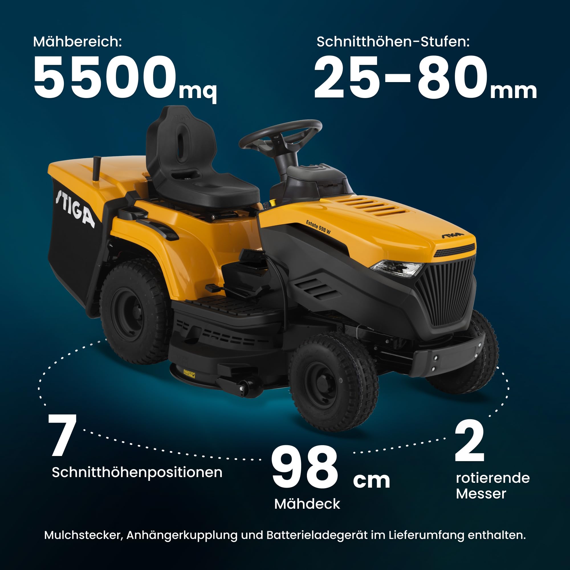 STIGA Estate 598 W Rasentraktor, 586 cm³, 98 cm, 240 L – Hydrostatischer Pedalantrieb, 3-In-1-Mähsystem – Für Große Flächen